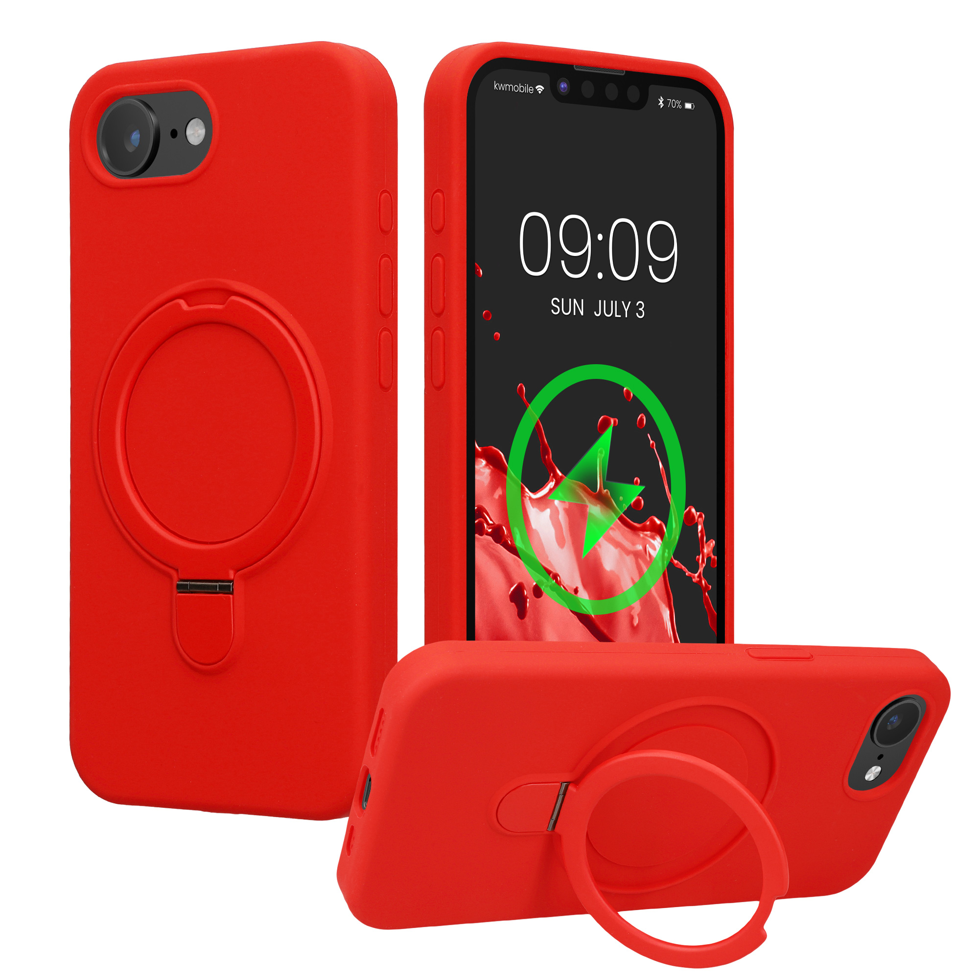 Silikonové pouzdro s kroužkovým stojánkem pro Apple iPhone 17e / iPhone 16e MagSafe, podšívka z mikrovlákna kwmobile ‑ červená