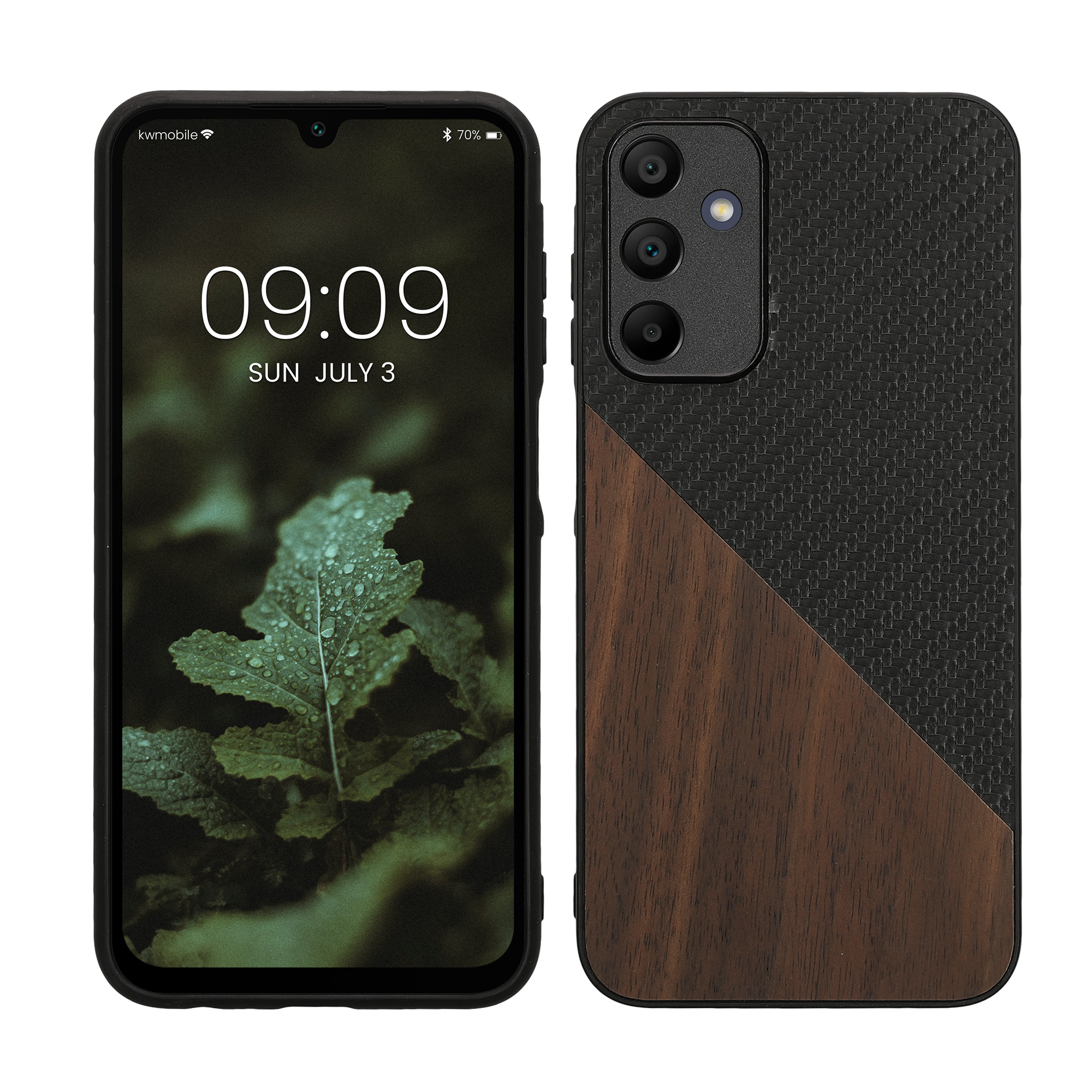 Dřevěný kryt na mobil Samsung Galaxy A15 5G kwmobile TPU rámeček Tmavě hnědá / černá