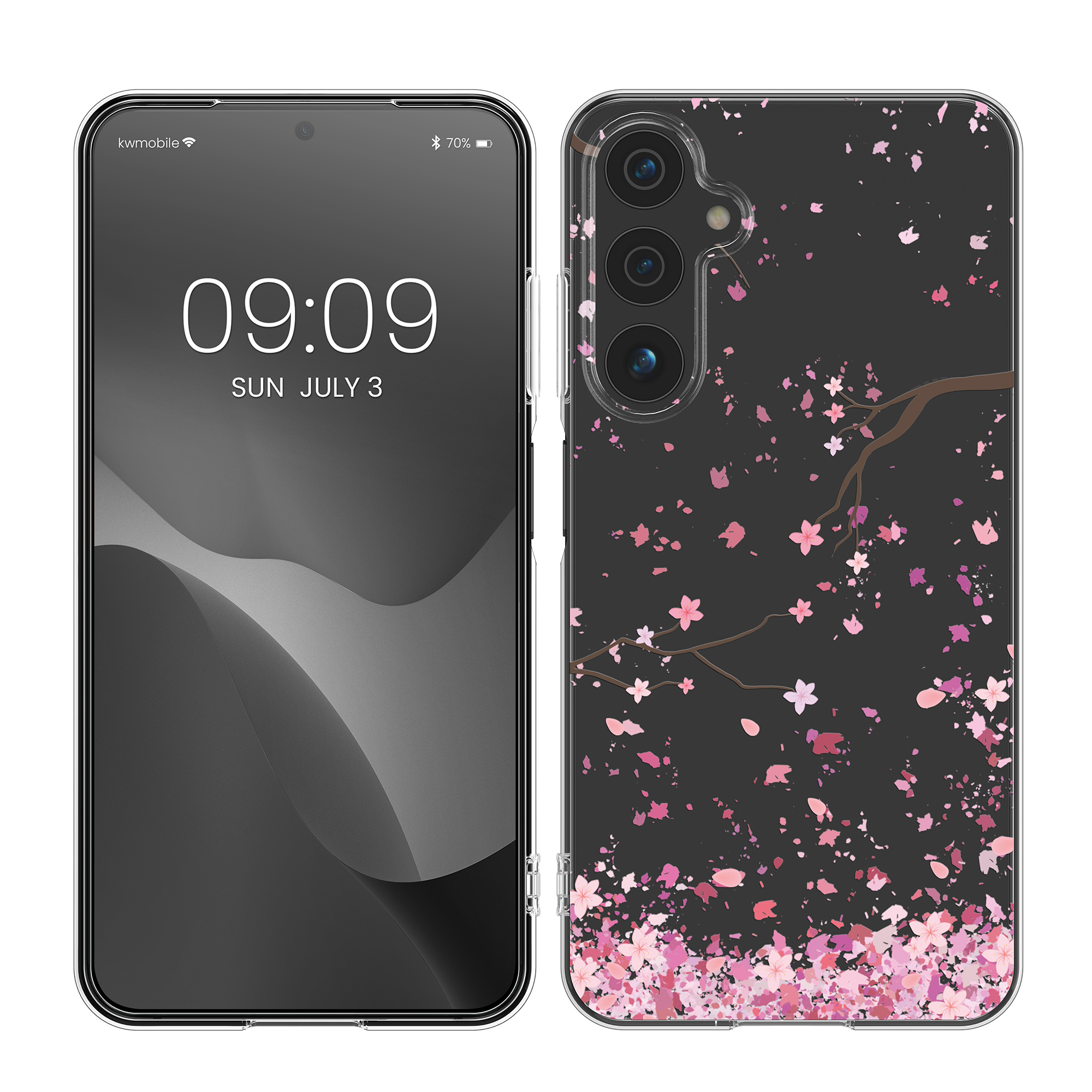 Kryt na mobil Samsung Galaxy A15 5G kwmobile motiv Cherry Blossoms Cherry Blossoms - růžová / tmavě hnědá / transparentní