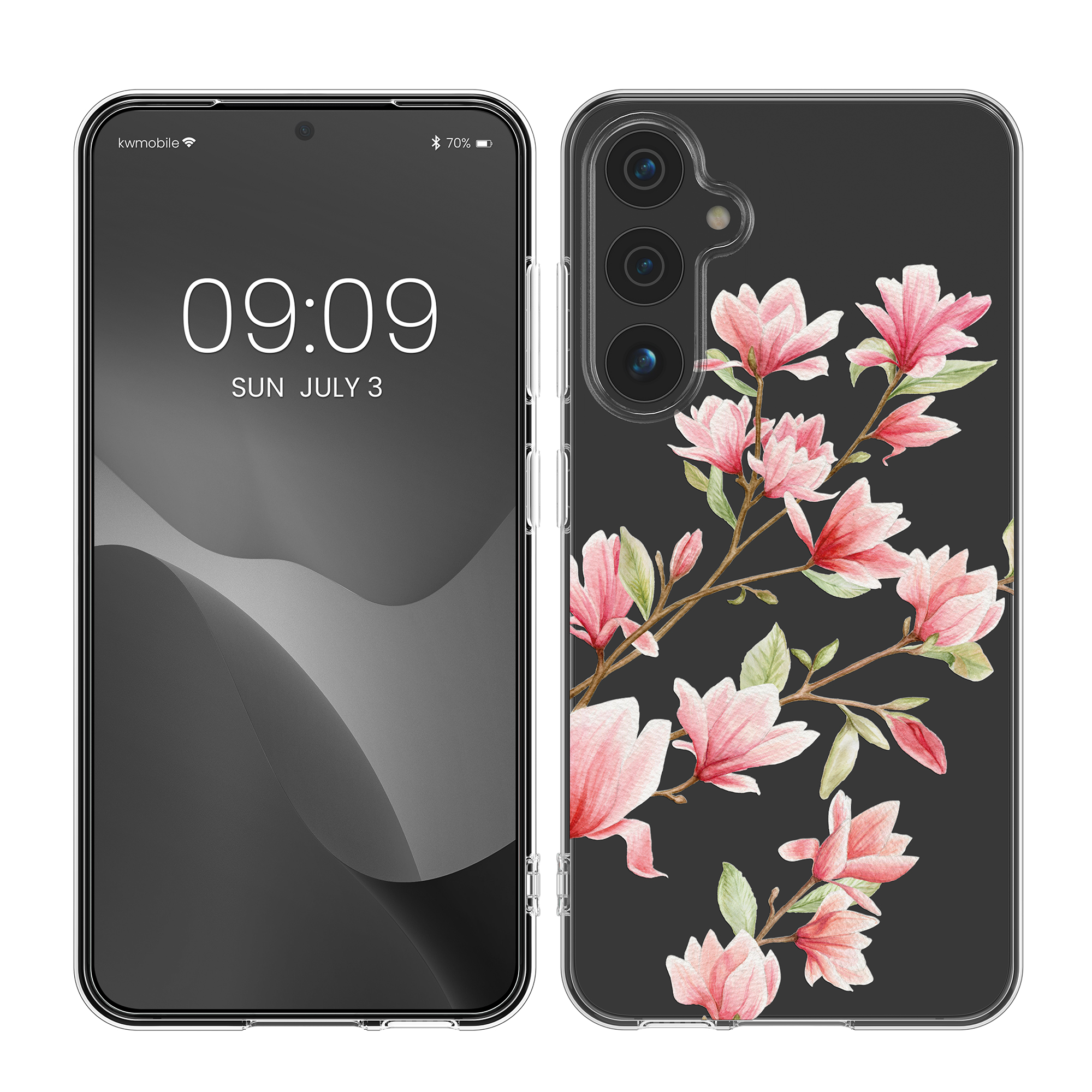Čiré pouzdro pro Samsung Galaxy A55 5G kwmobile TPU - motiv magnólie růžová / bílá / transparentní