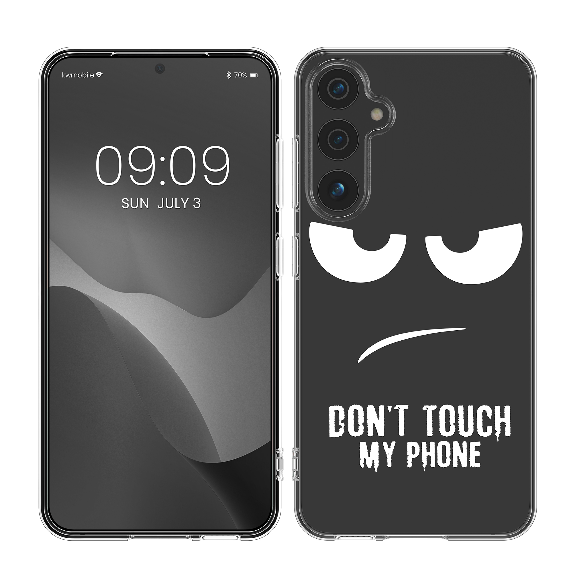 Čiré pouzdro pro Samsung Galaxy A55 5G kwmobile TPU - „nesahej na můj telefon“ černá / transparentní