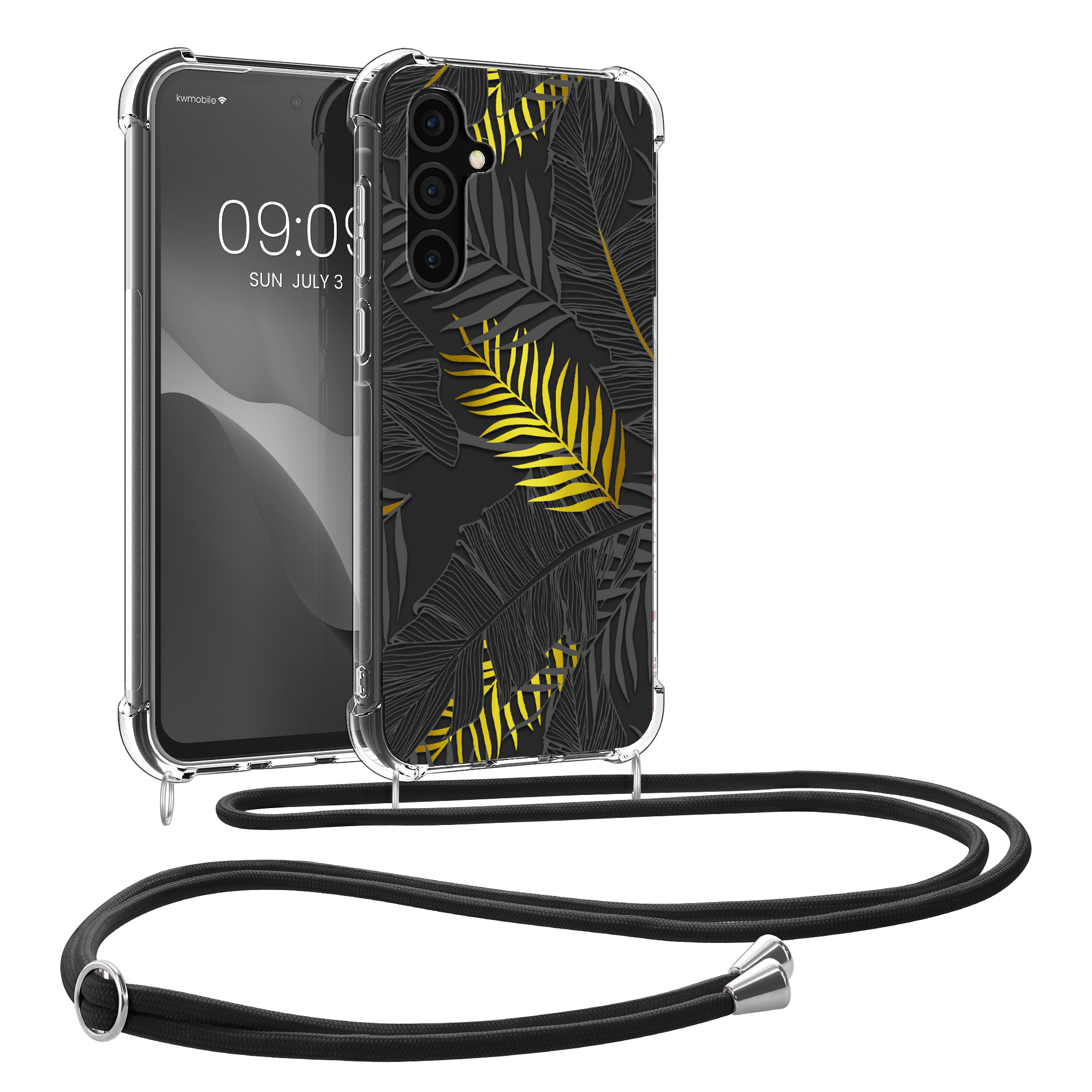 Crossbody kryt na mobil Samsung Galaxy A35 kwmobile Palm Leaves žluto-šedo-transparentní