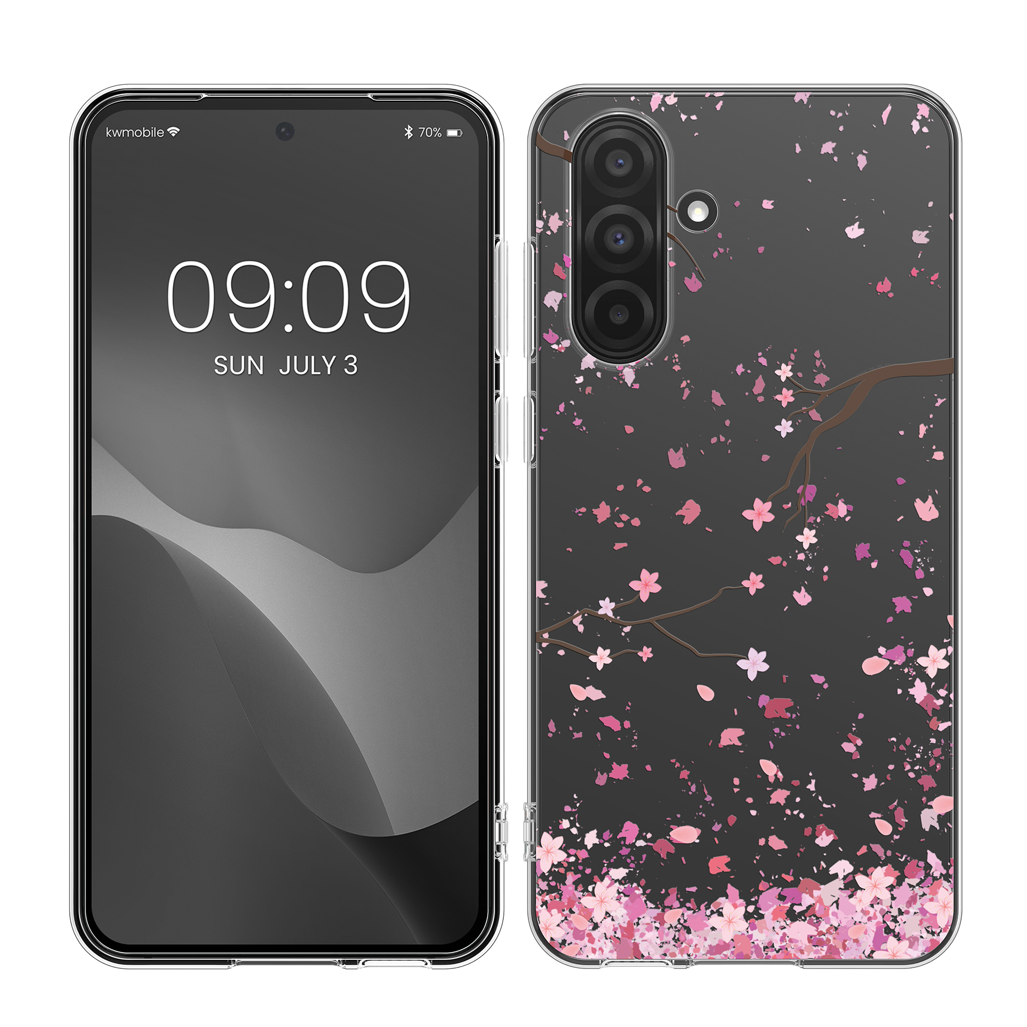 Průhledný kryt na mobil Samsung Galaxy A36 5G kwmobile motiv Cherry Blossoms Cherry Blossoms - růžová / tmavě hnědá / transparentní