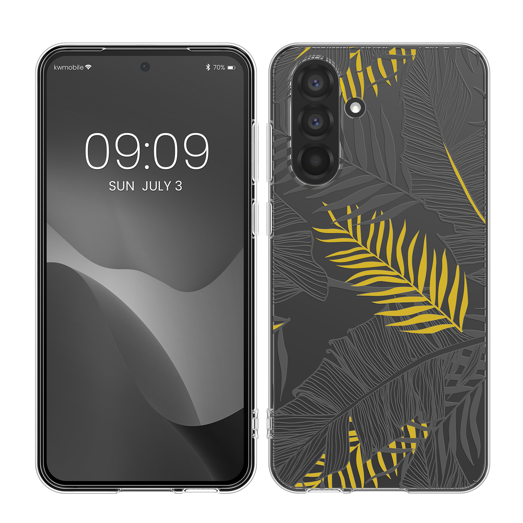 Průhledný kryt na mobil Samsung Galaxy A56 5G kwmobile motiv Palm Leaves Palm Leaves - žlutá / šedá / transparentní