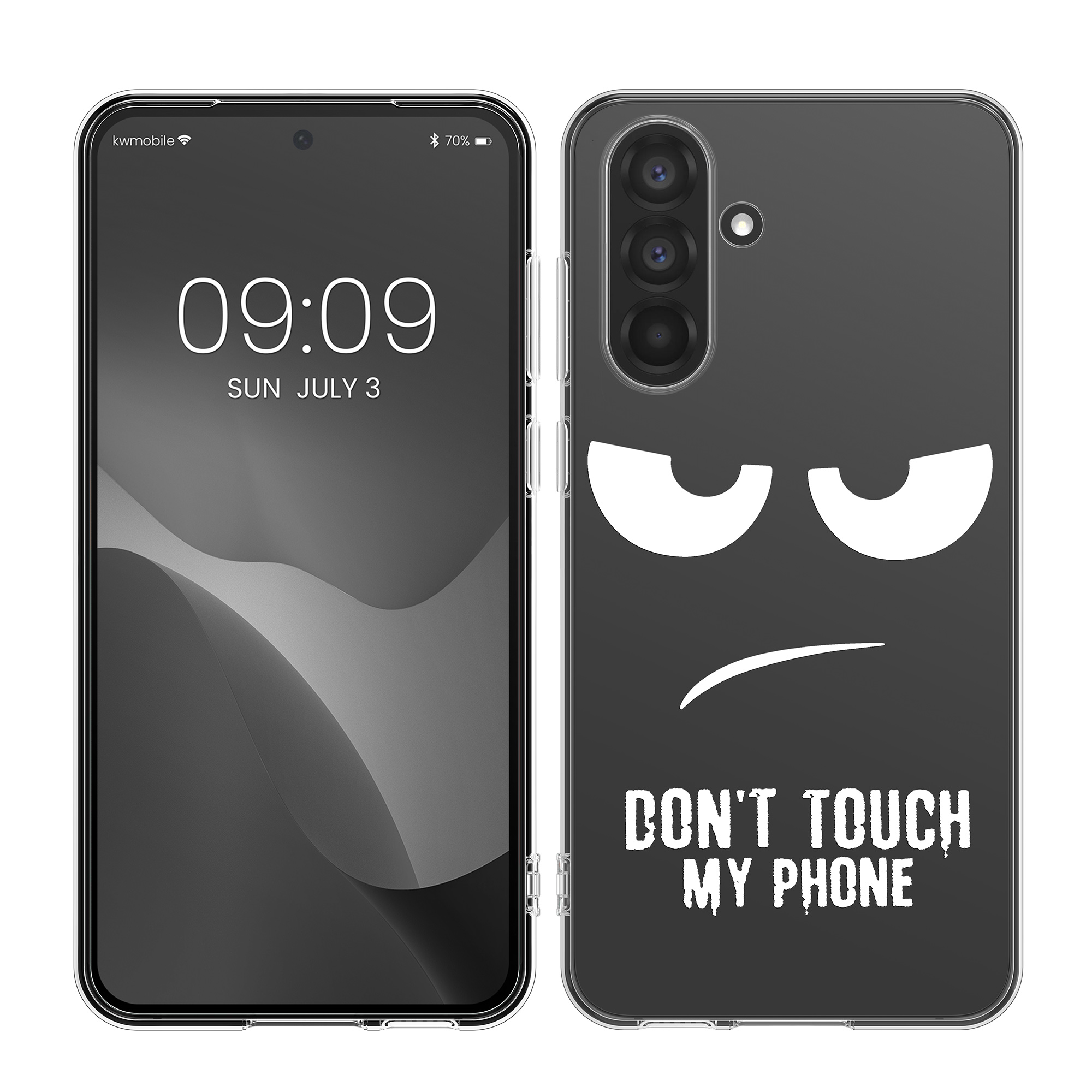 Průhledný kryt na mobil Samsung Galaxy A56 5G kwmobile motiv Don't Touch My Phone Don't Touch My Phone - bílá / transparentní
