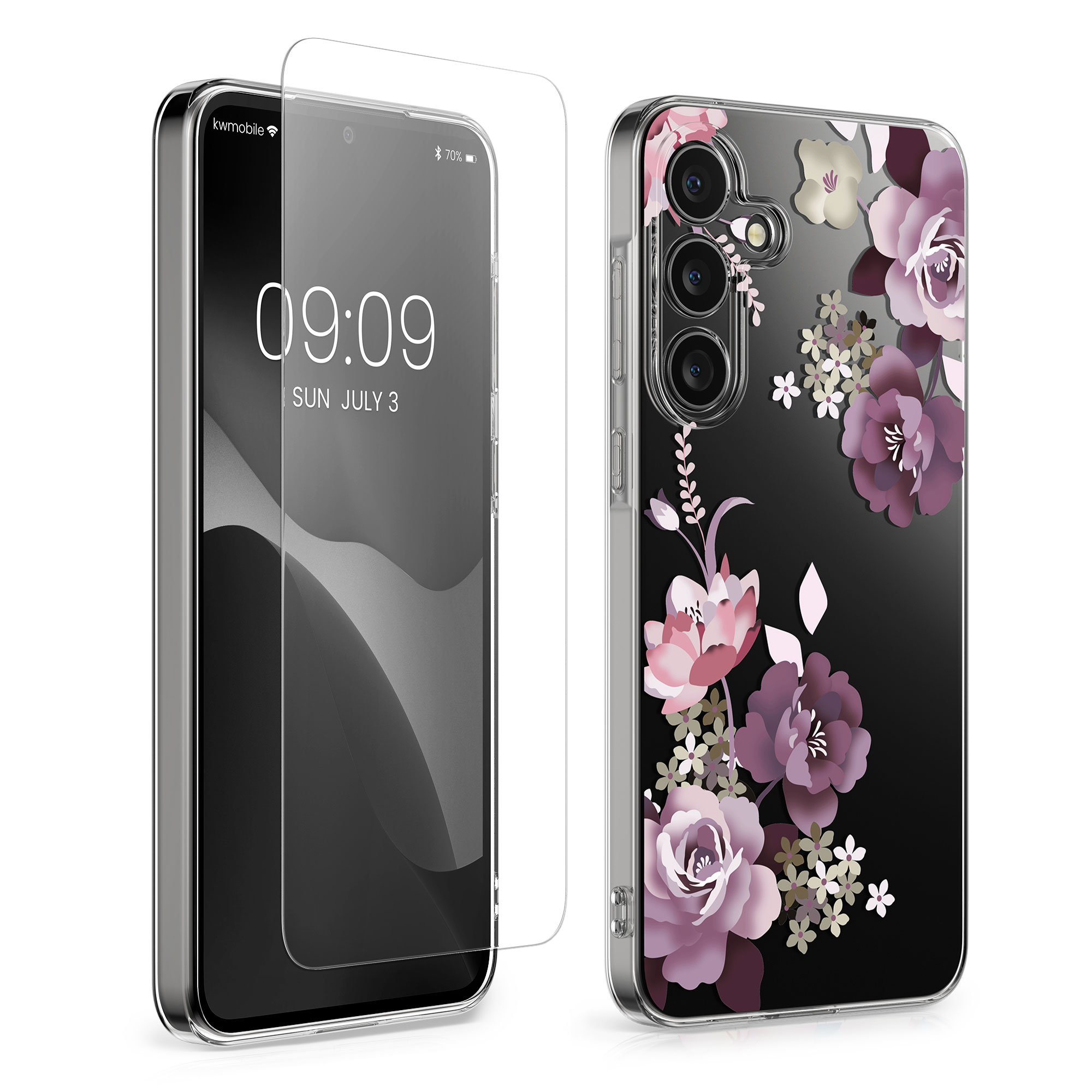 Čiré pouzdro s ochranným sklem pro Samsung Galaxy A55 5G kwmobile - motiv kytice pastelová fialová / transparentní