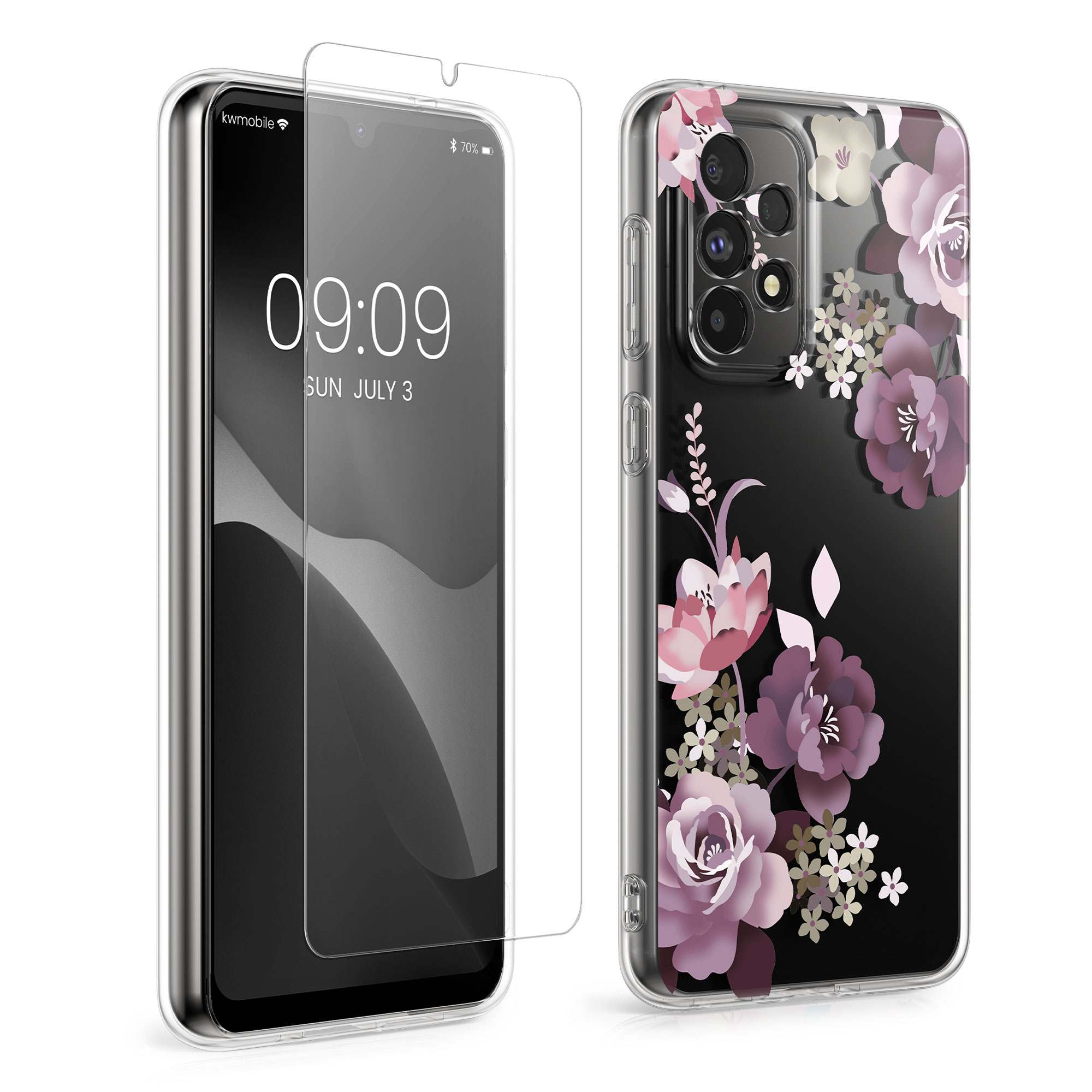 Čiré pouzdro s ochranným sklem pro Samsung Galaxy A33 5G kwmobile - motiv kytice pastelová fialová / transparentní