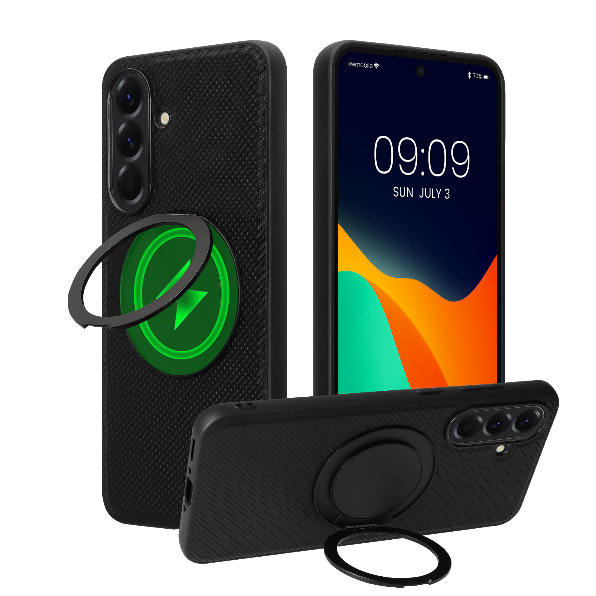Kryt na mobil Samsung Galaxy A56 5G kwmobile MagSafe ring stand 360° PU kůže carbon Černá - PU kůže s carbon texturou