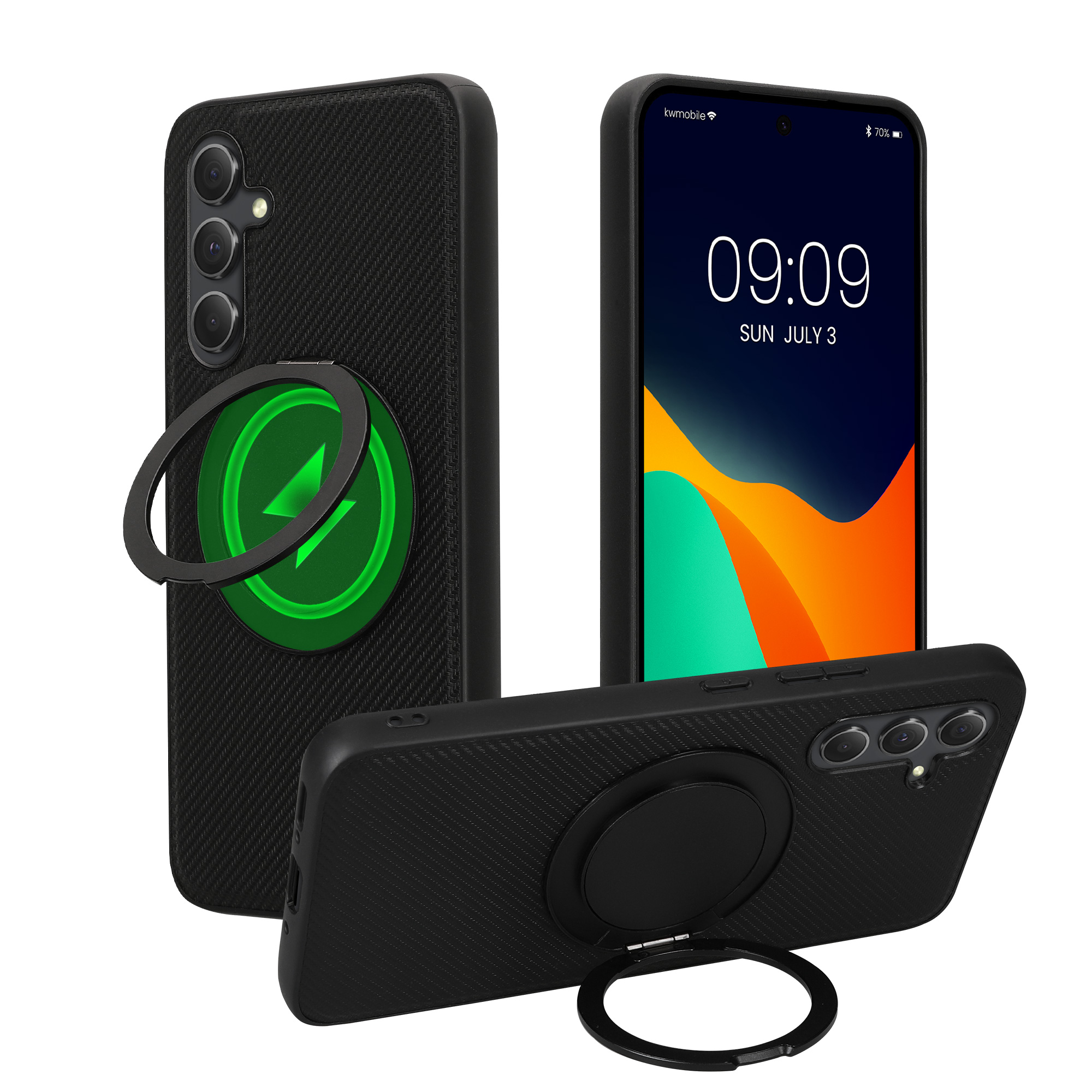 Kryt na mobil Samsung Galaxy A54 5G kwmobile MagSafe ring stand 360° PU kůže carbon Černá - PU kůže s carbon texturou