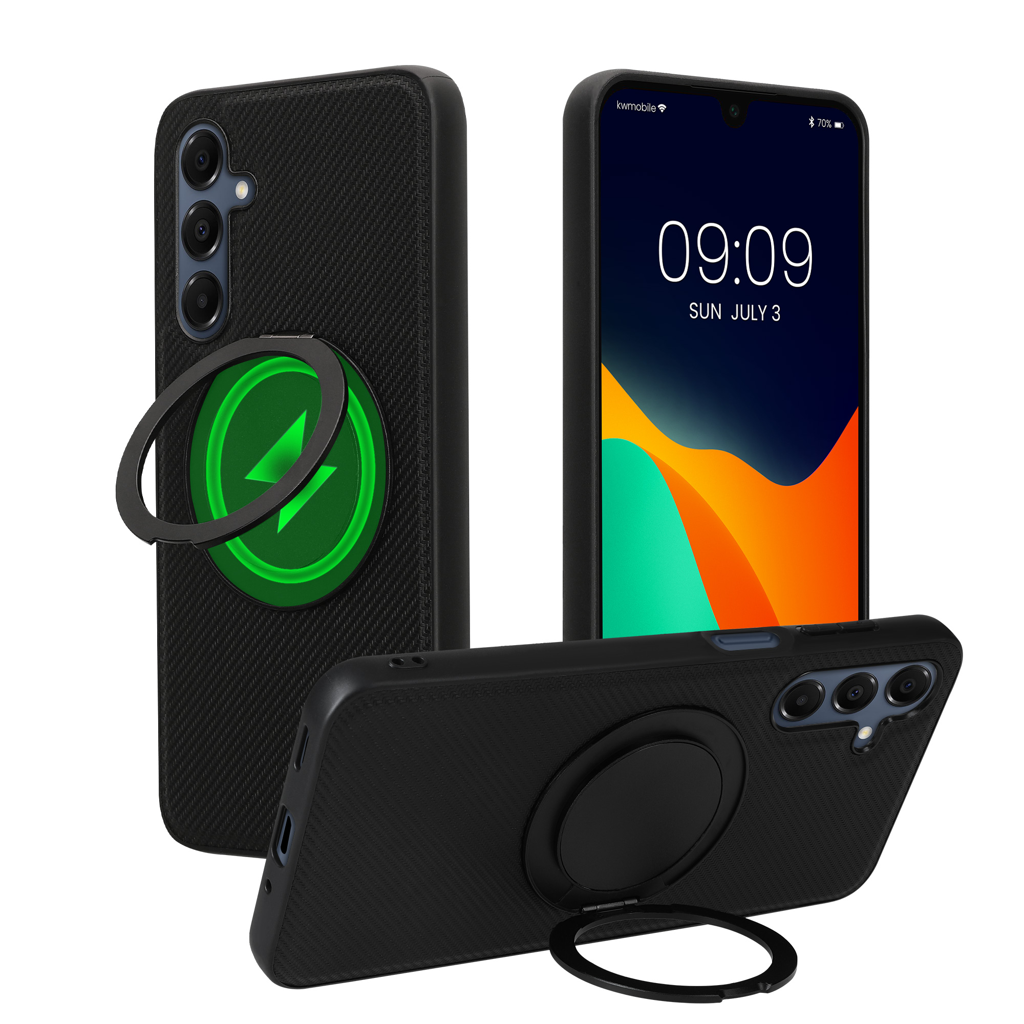 Kryt na mobil Samsung Galaxy A16 5G kwmobile MagSafe ring stand 360° PU kůže carbon Černá