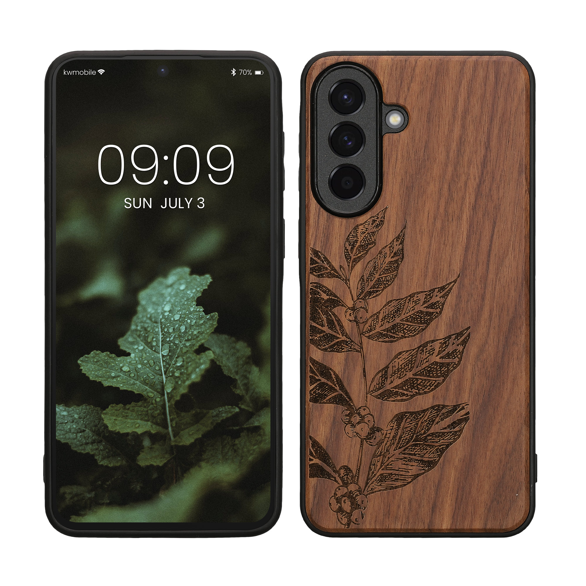 Dřevěný kryt pro Samsung Galaxy A57 5G s nárazuvzdorným TPU rámečkem kwmobile ‑ tmavě hnědá