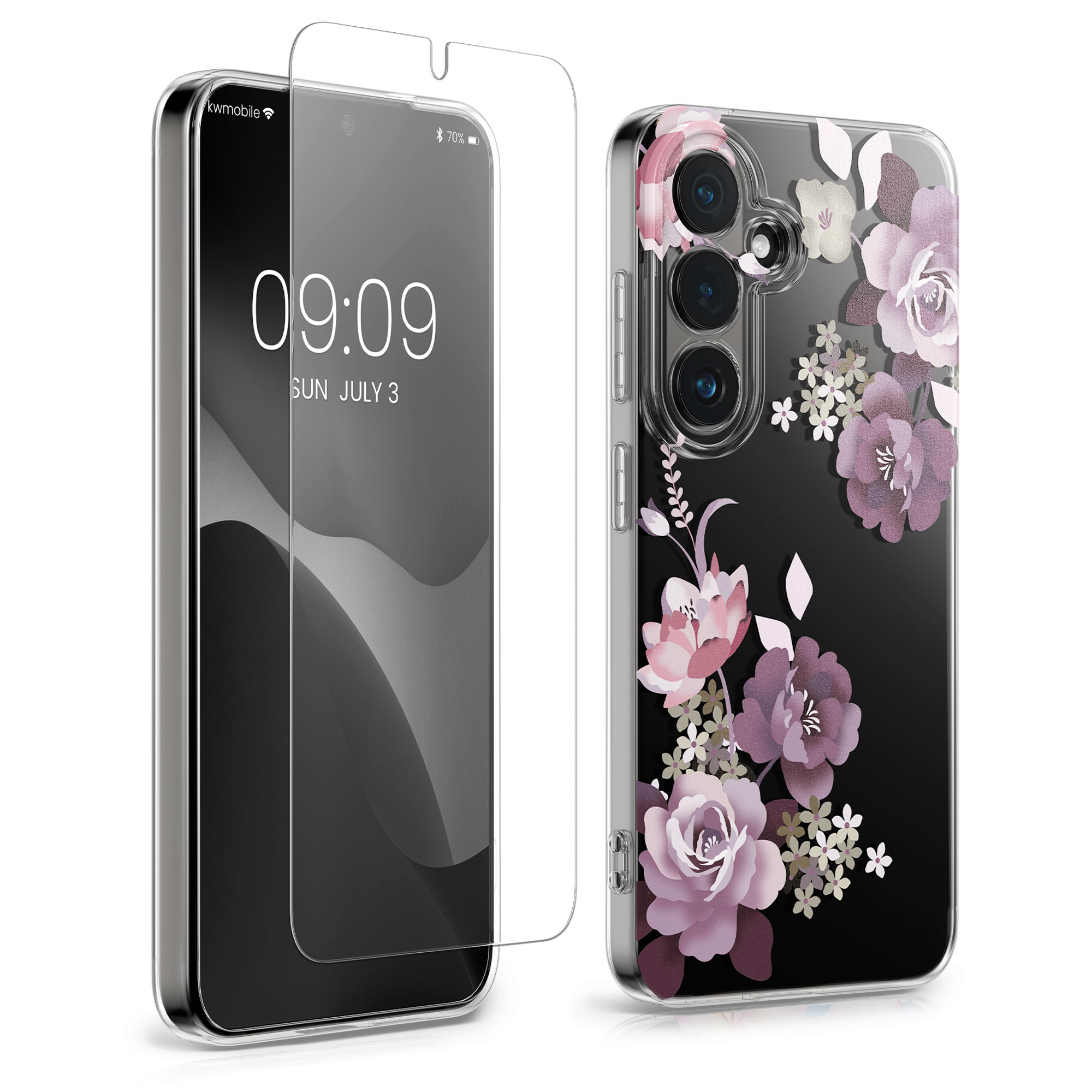 Čiré pouzdro s ochranným sklem pro Samsung Galaxy S26 kwmobile - motiv kytice pastelová fialová / transparentní
