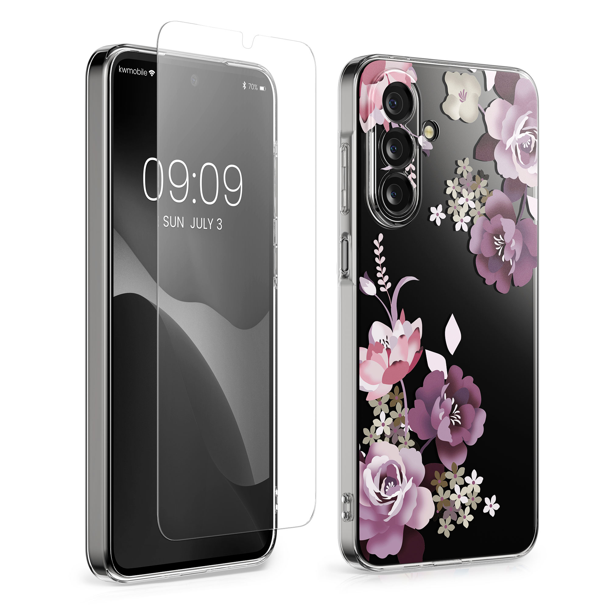 Čirý TPU kryt pro Samsung Galaxy A27 5G + ochranné sklo kwmobile ‑ kytice, pastelově fialová / čirá