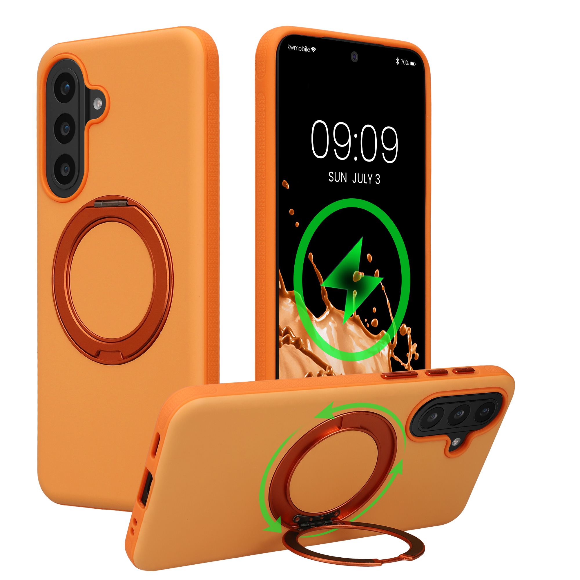 Obal s otočným kroužkovým stojánkem 360° pro Samsung Galaxy A57 5G kwmobile MagSafe se stojánkem kovové - oranžová