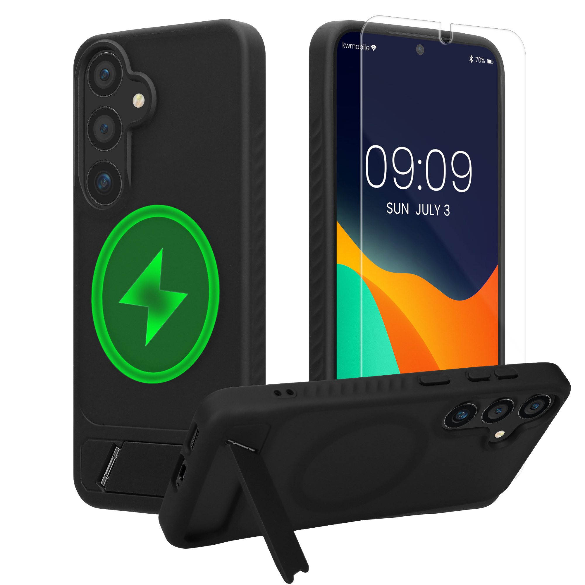 Pouzdro pro Samsung Galaxy S25 kwmobile MagSafe se stojánkem tenké - černá / matný transparentní