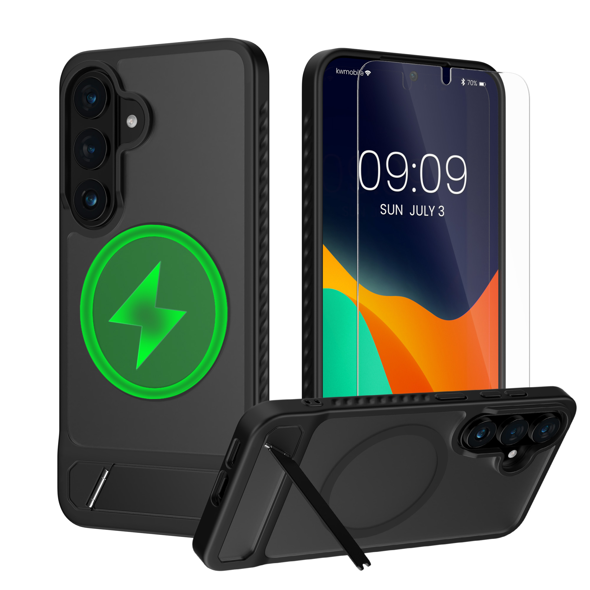 Pouzdro pro Samsung Galaxy S26 kwmobile MagSafe se stojánkem tenké - černá / matný transparentní