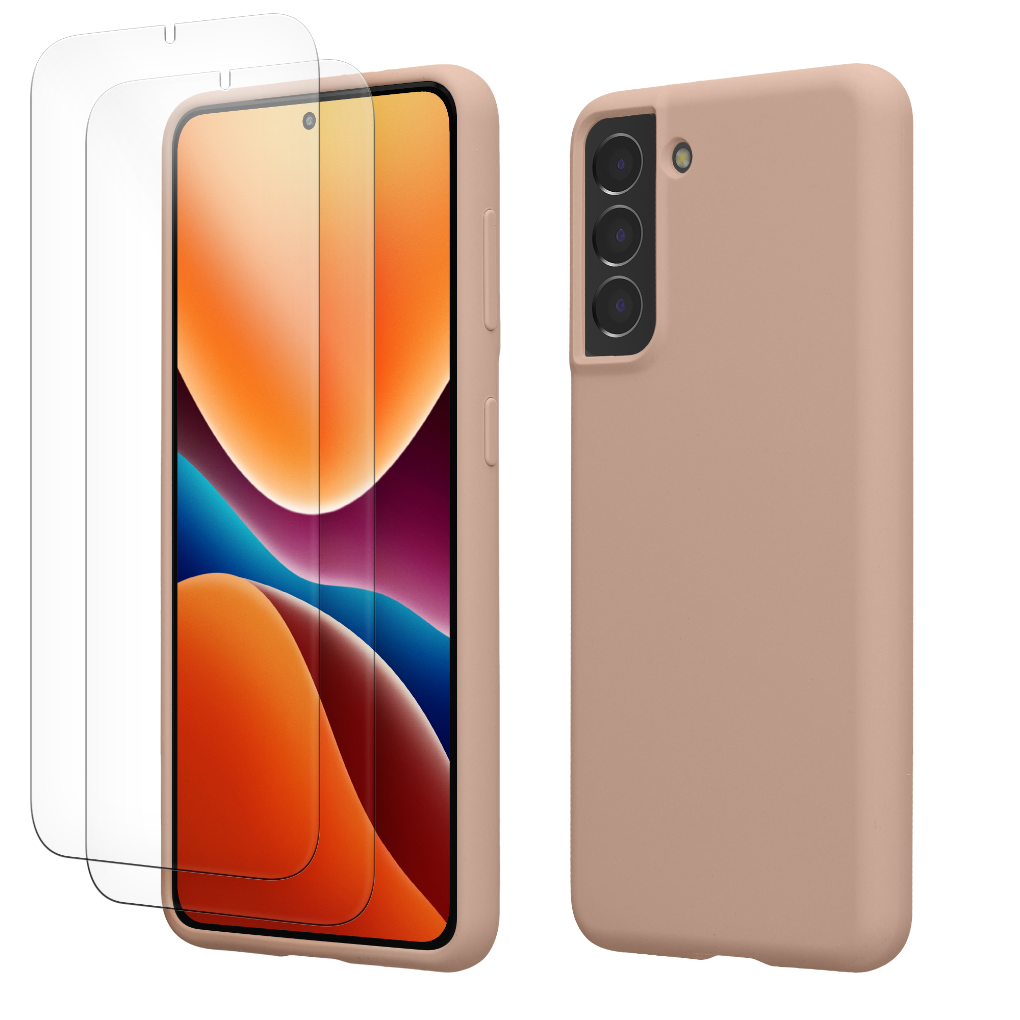 Pouzdro pro Samsung Galaxy S21 se 2 tvrzenými ochrannými skly kwmobile - matná starorůžová