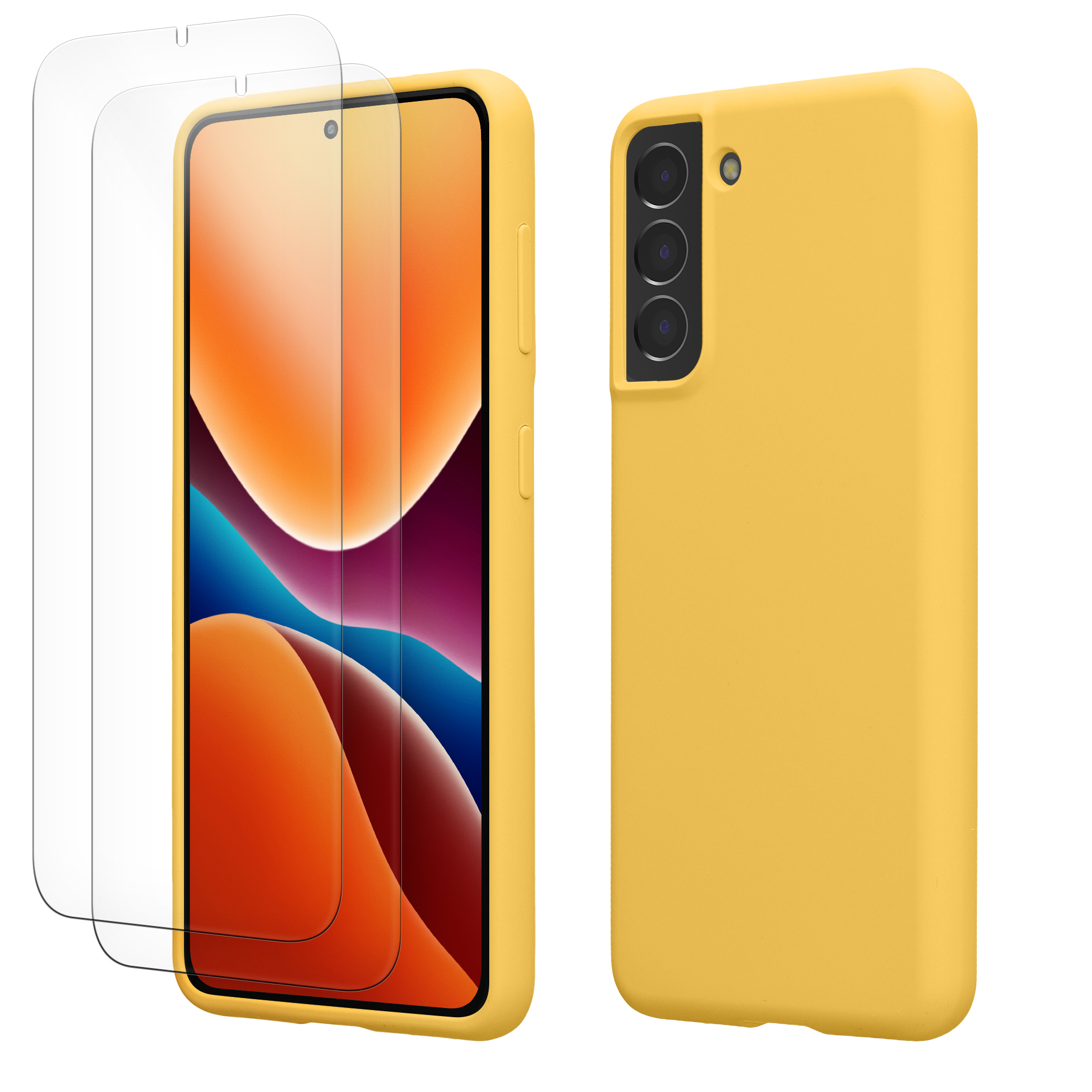 Pouzdro pro Samsung Galaxy S21 se 2 tvrzenými ochrannými skly kwmobile - zářivě žlutá