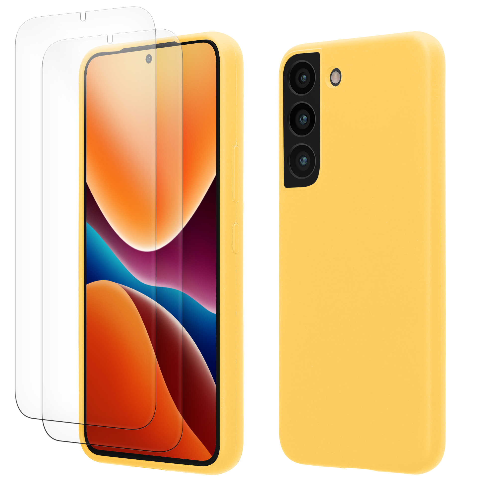 Pouzdro pro Samsung Galaxy S22 se 2 tvrzenými ochrannými skly kwmobile - zářivě žlutá