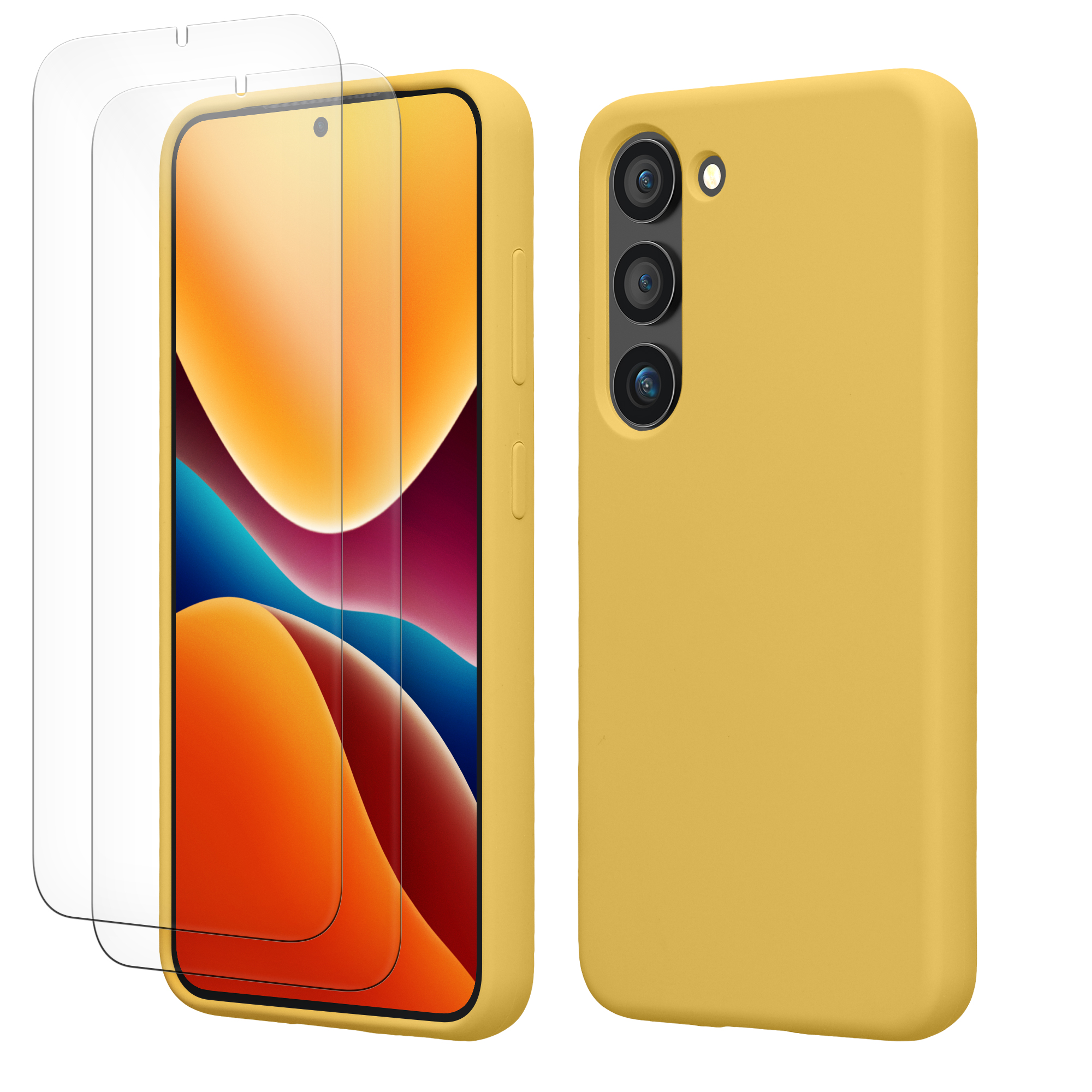 Pouzdro pro Samsung Galaxy S23 se 2 tvrzenými ochrannými skly kwmobile - zářivě žlutá