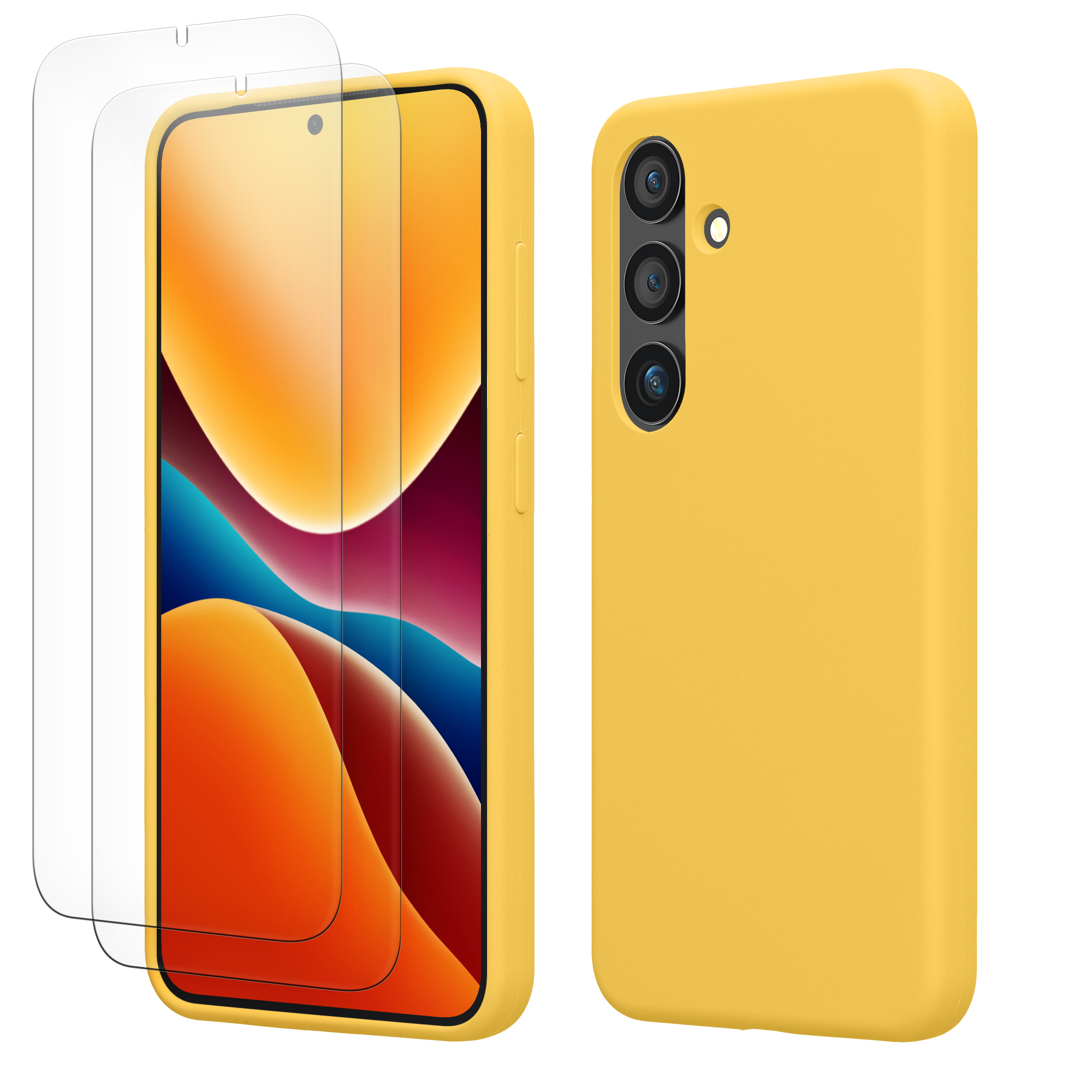 Pouzdro pro Samsung Galaxy S24 se 2 tvrzenými ochrannými skly kwmobile - zářivě žlutá