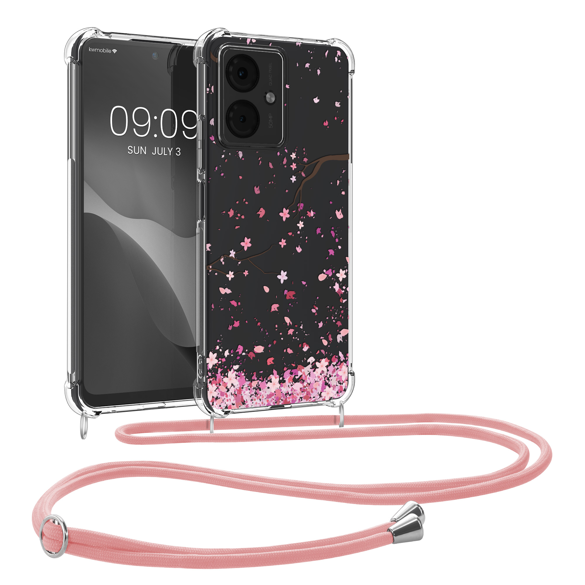 Kryt s popruhem kwmobile pro Motorola Moto G14 - Růžové třešňové květy / tmavě hnědá / transparentní