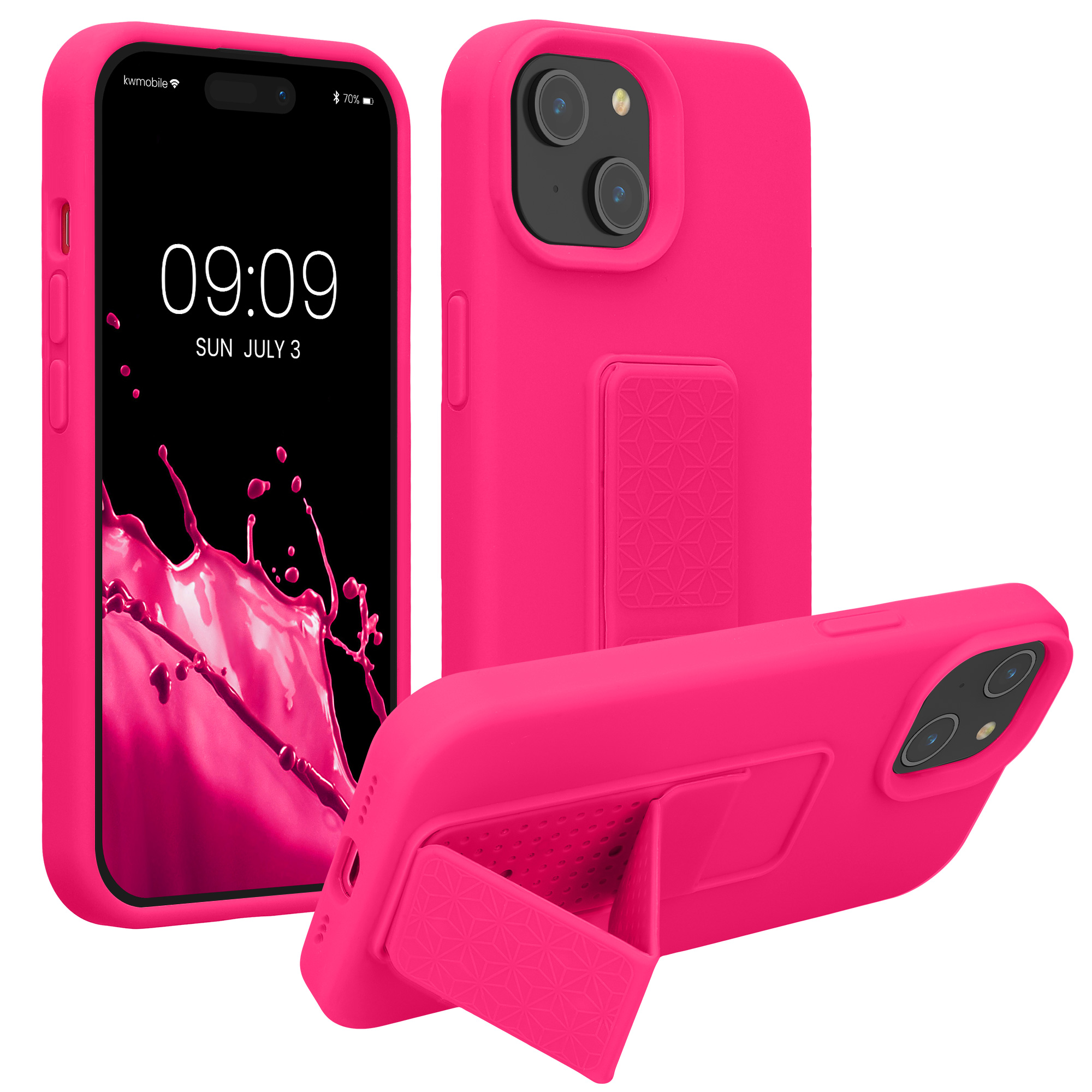 Kryt kwmobile s poutkem se stojánkem iPhone 15 neonově růžová