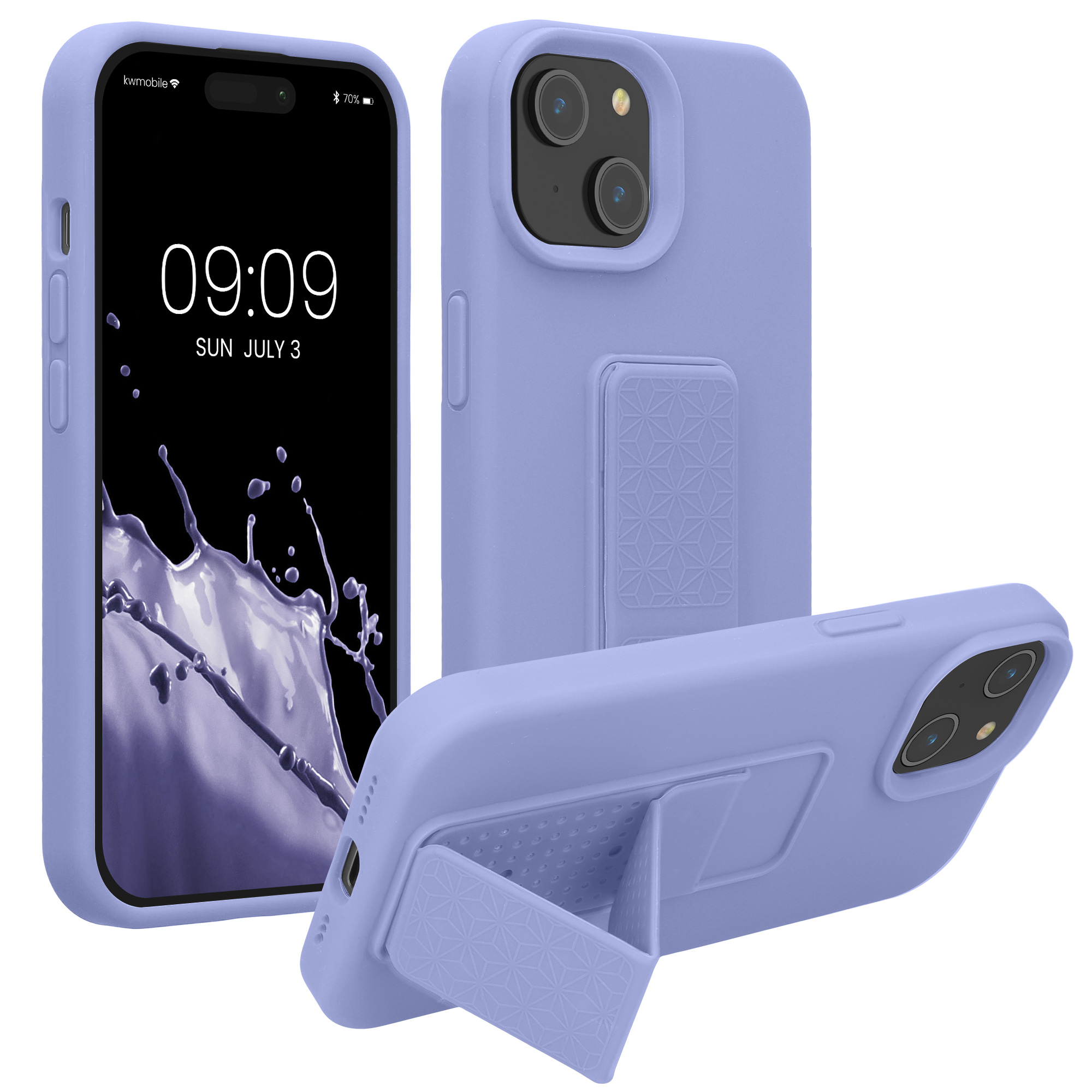Kryt kwmobile s poutkem se stojánkem iPhone 15 levandulová