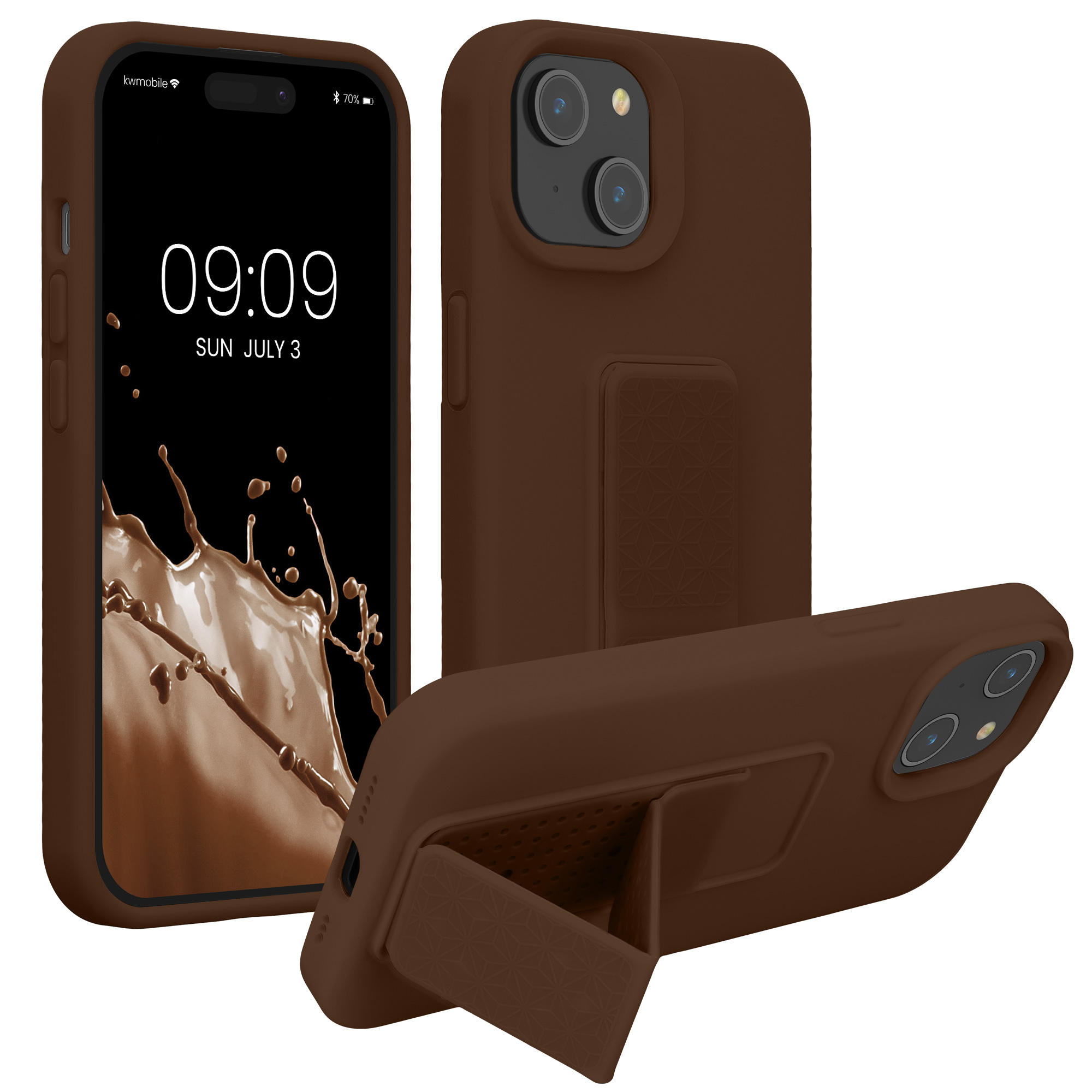 Kryt kwmobile s poutkem se stojánkem iPhone 15 čokoládová