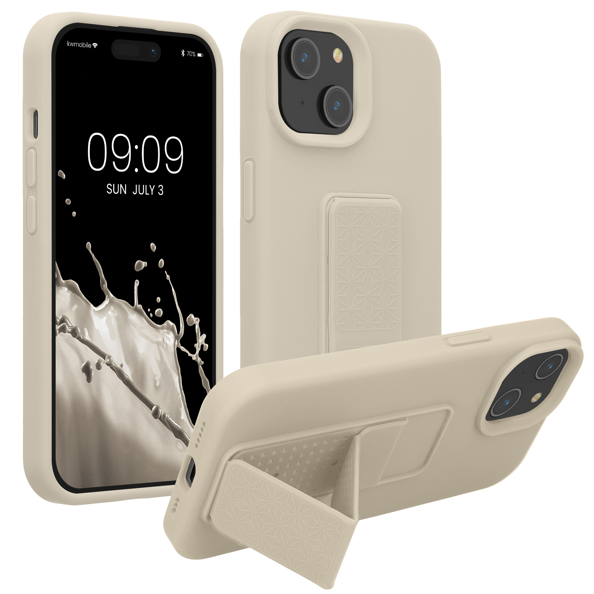 Pouzdro pro Apple iPhone 15 kwmobile se stojánkem s poutkem silikonové - krémová