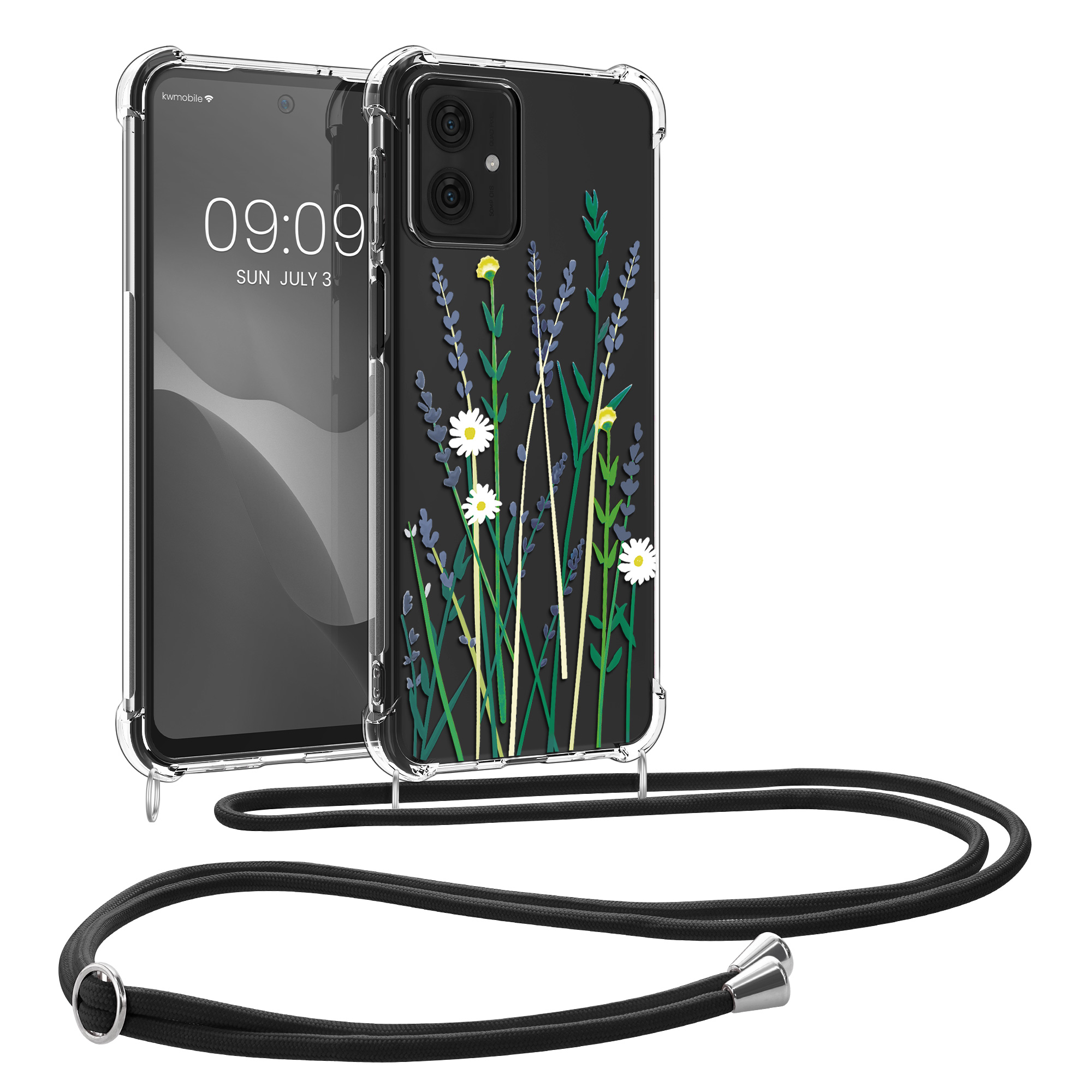 Kryt s popruhem kwmobile pro Motorola Moto G54 5G - Levandulové luční květy / zelená / transparentní
