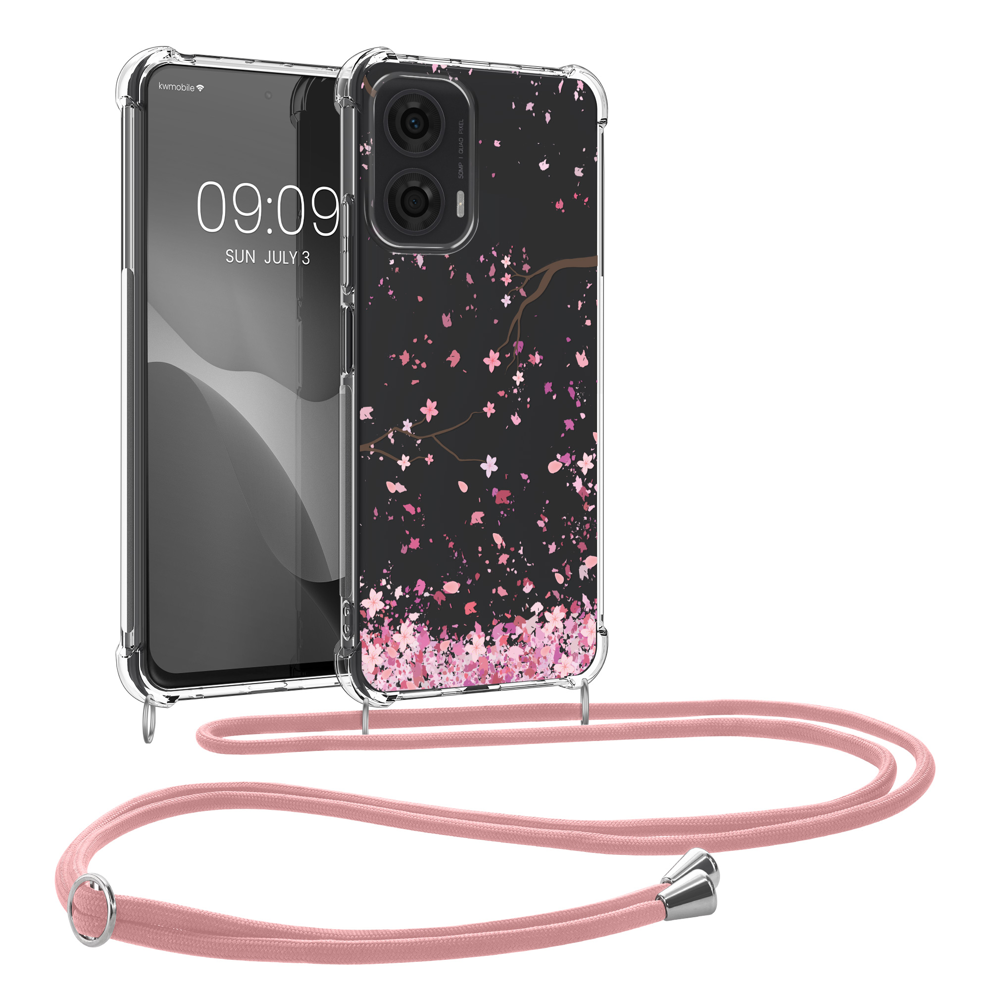Kryt s popruhem kwmobile pro Motorola Moto G24 / E14 / G04 / G04s - Růžové třešňové květy / tmavě hnědá / transparentní