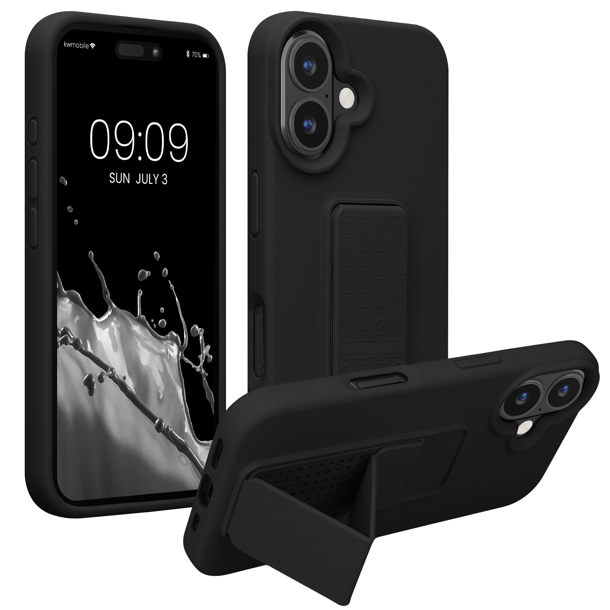 TPU kryt se silikonovým povrchem pro Apple iPhone 16, nárazuvzdorný, s poutkem a stojánkem kwmobile ‑ černá