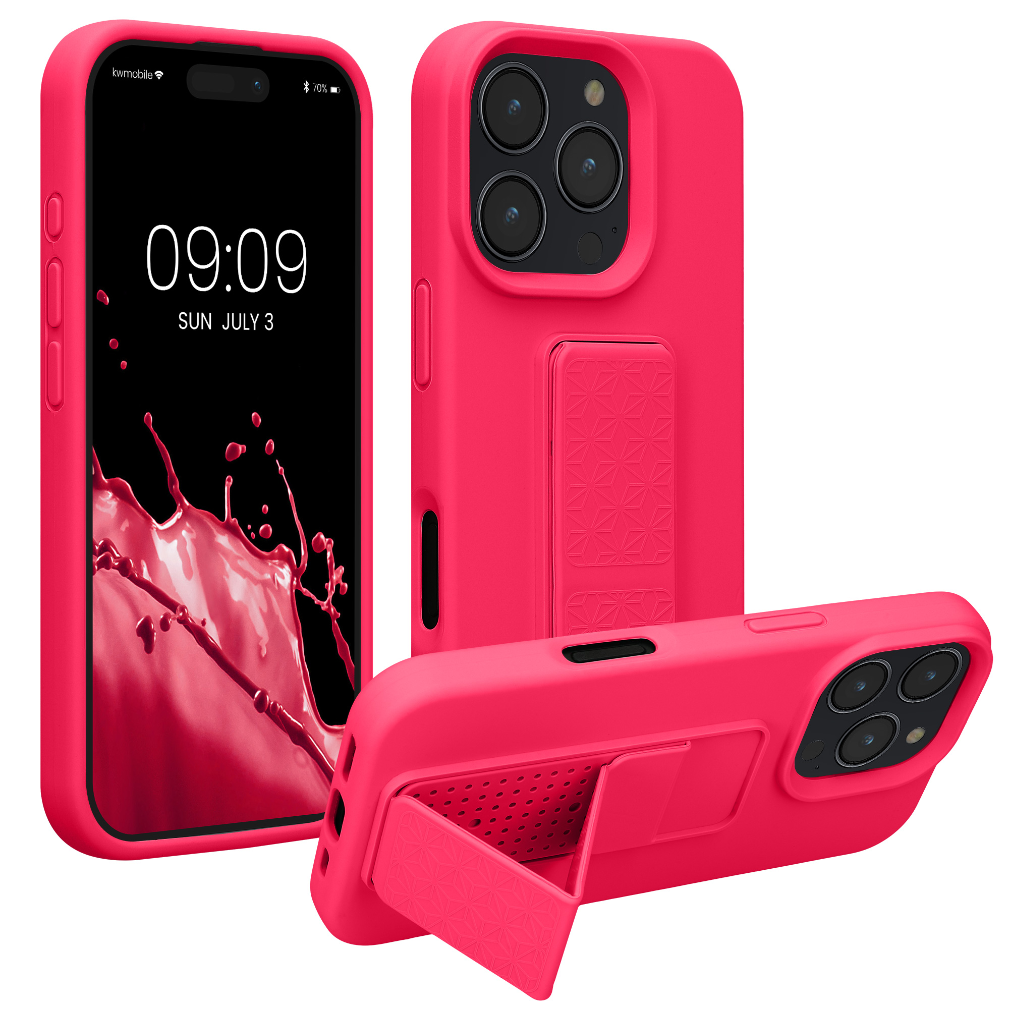 Kryt na mobil s poutkem a stojánkem Apple iPhone 16 Pro kwmobile - neonově růžová