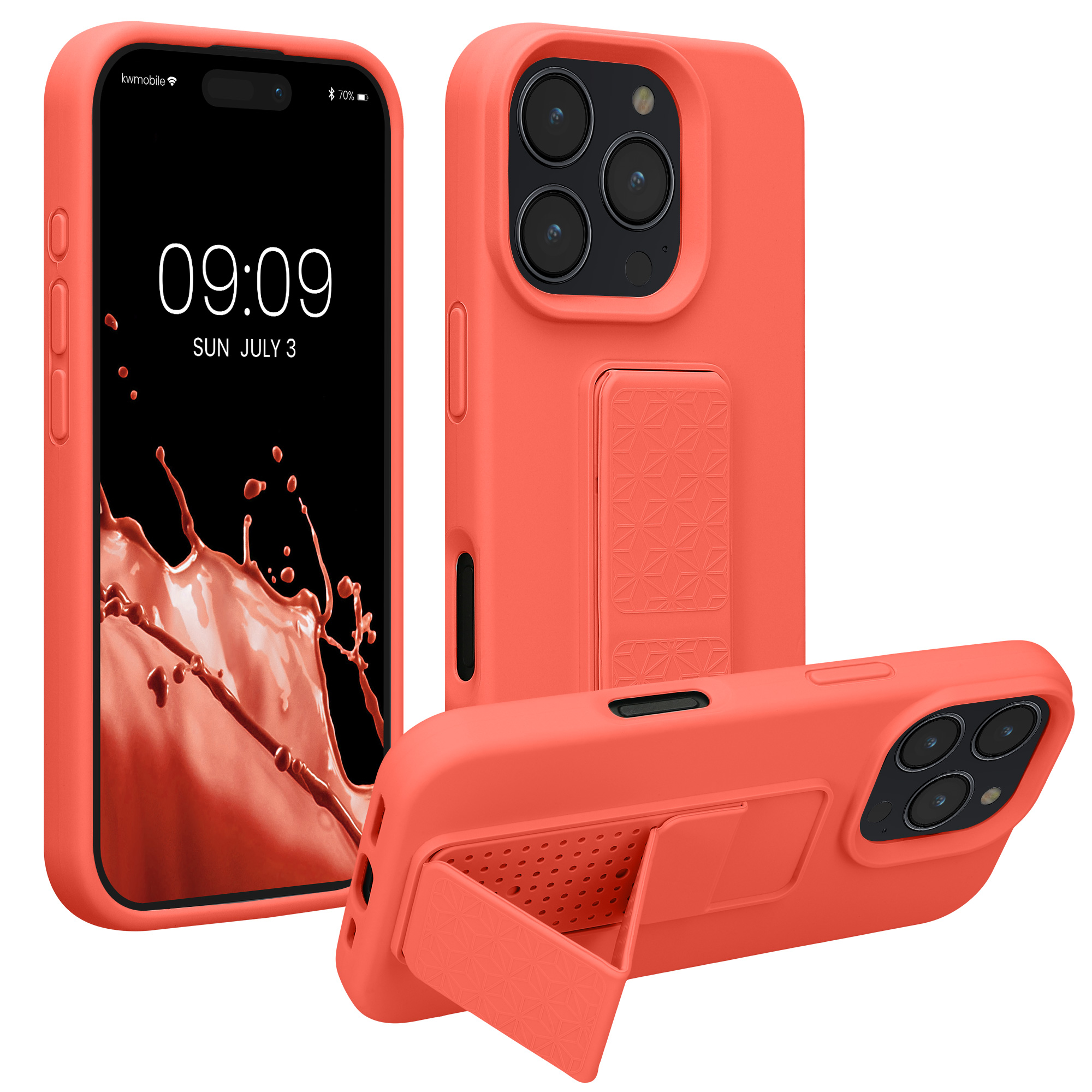 Kryt na mobil s poutkem a stojánkem Apple iPhone 16 Pro kwmobile - korálová