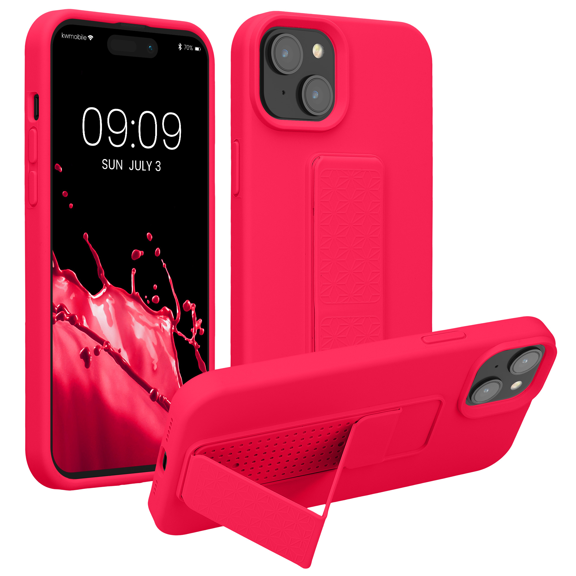 Kryt kwmobile s poutkem se stojánkem iPhone 15 Plus neonově růžová