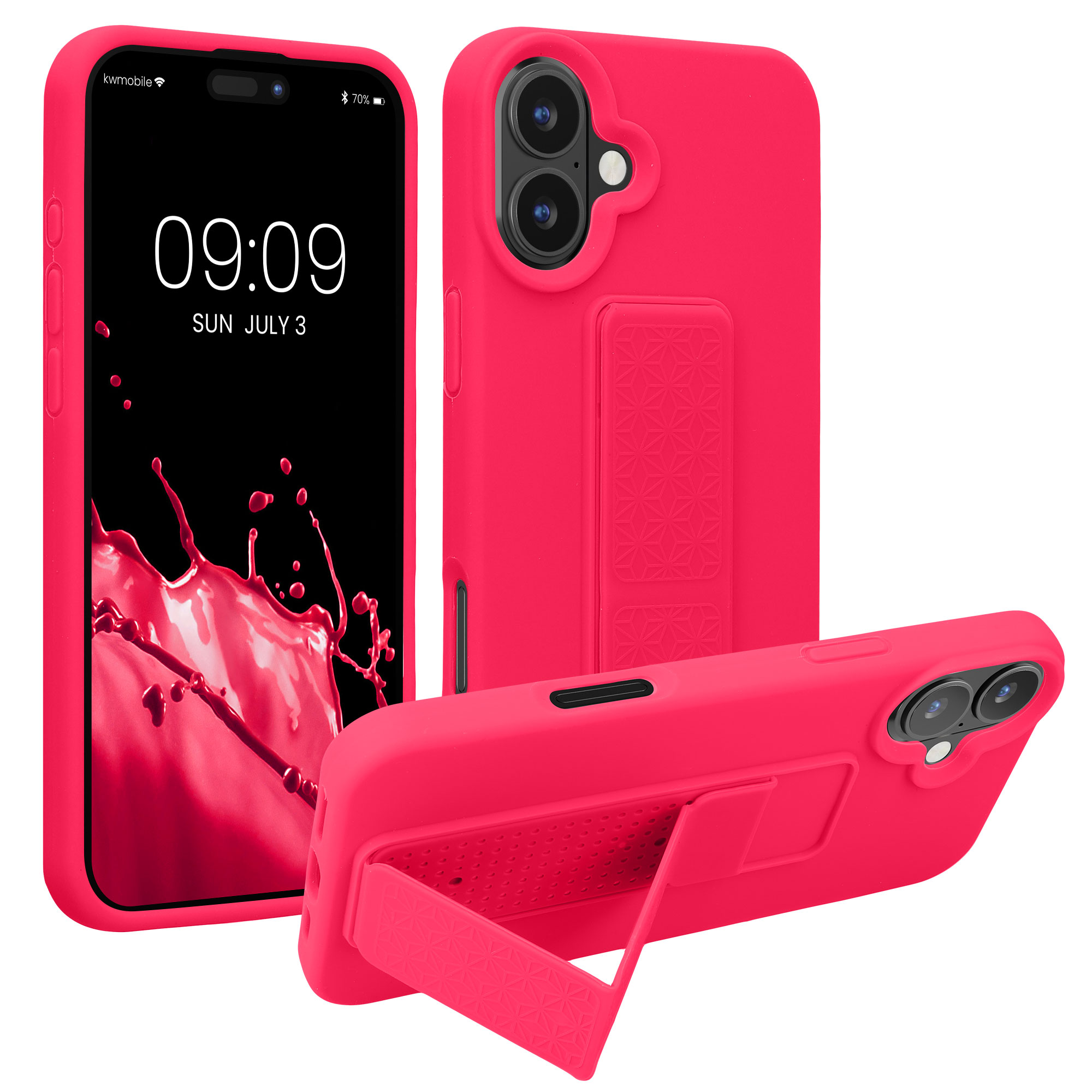 Kryt na mobil s poutkem a stojánkem Apple iPhone 16 Plus kwmobile - neonově růžová