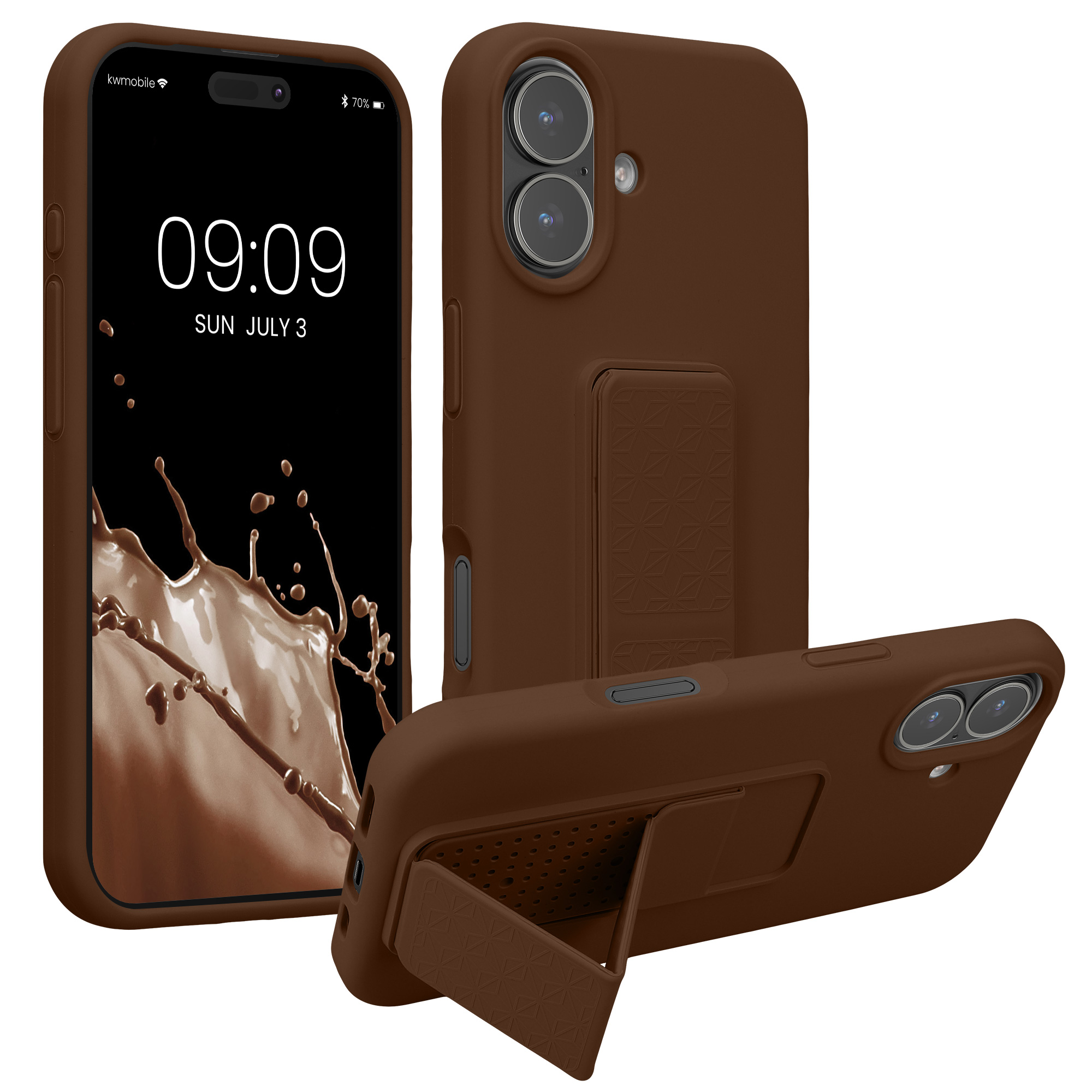 Pouzdro pro Apple iPhone 17 kwmobile se stojánkem s poutkem silikonové - čokoládová