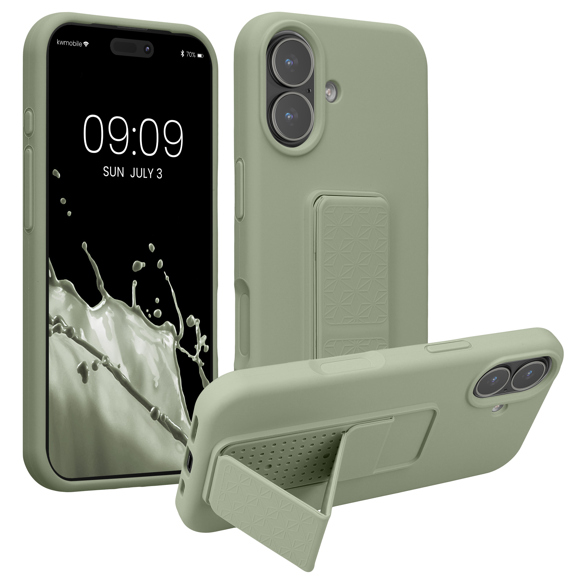 Pouzdro pro Apple iPhone 17 kwmobile se stojánkem s poutkem silikonové - šedozelená
