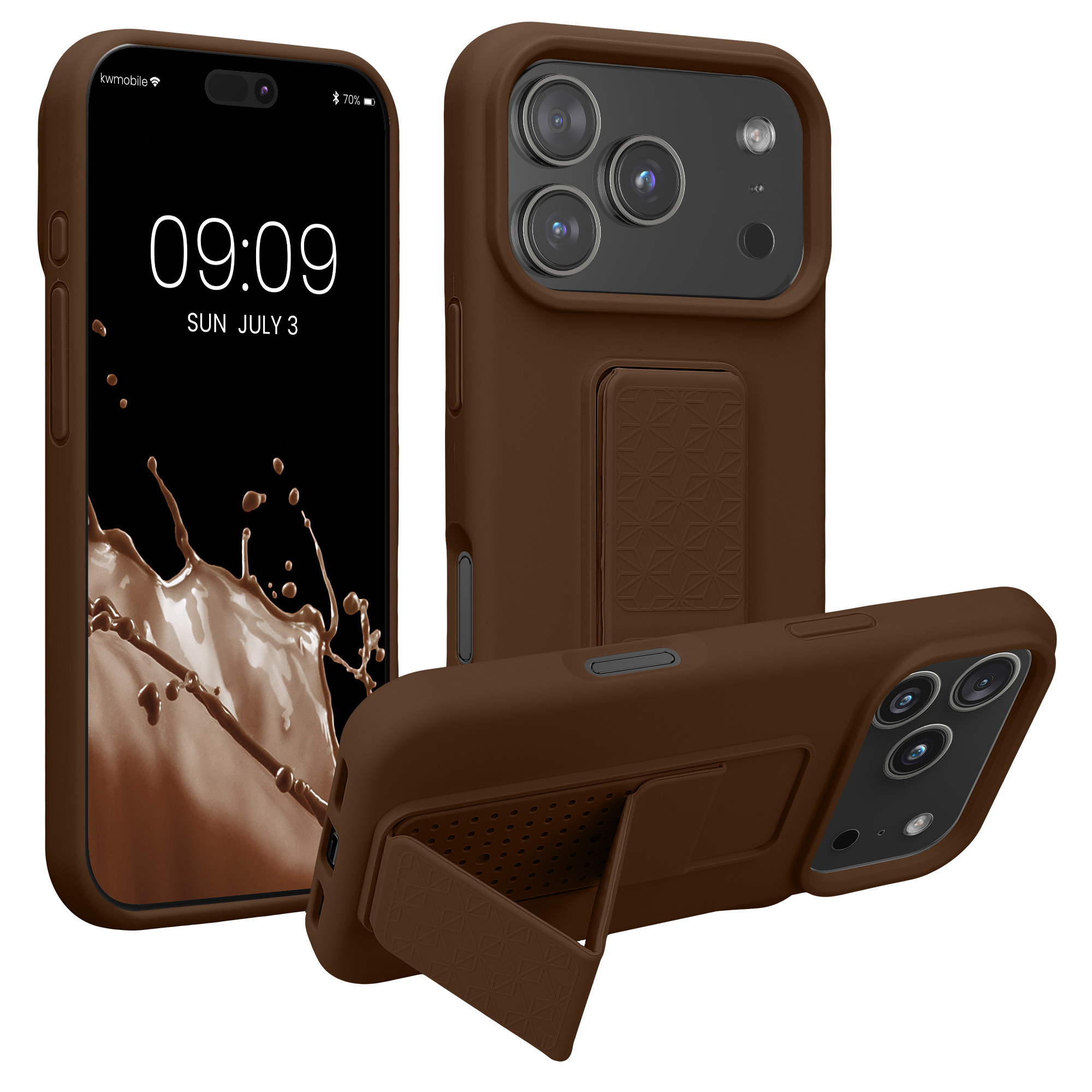 Pouzdro pro Apple iPhone 18 Pro / iPhone 17 Pro kwmobile se stojánkem s poutkem silikonové - čokoládová