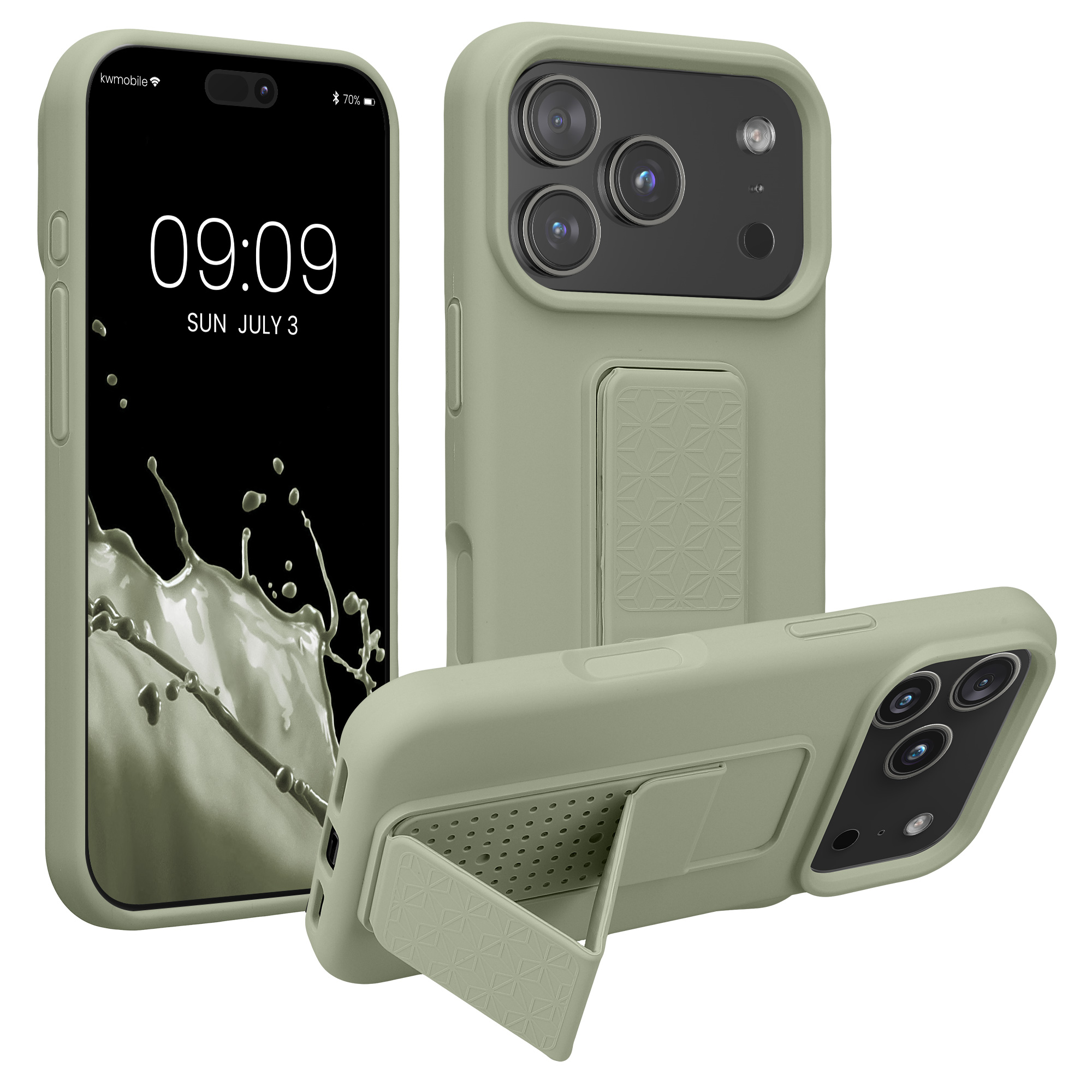Pouzdro pro Apple iPhone 18 Pro / iPhone 17 Pro kwmobile se stojánkem s poutkem silikonové - šedozelená