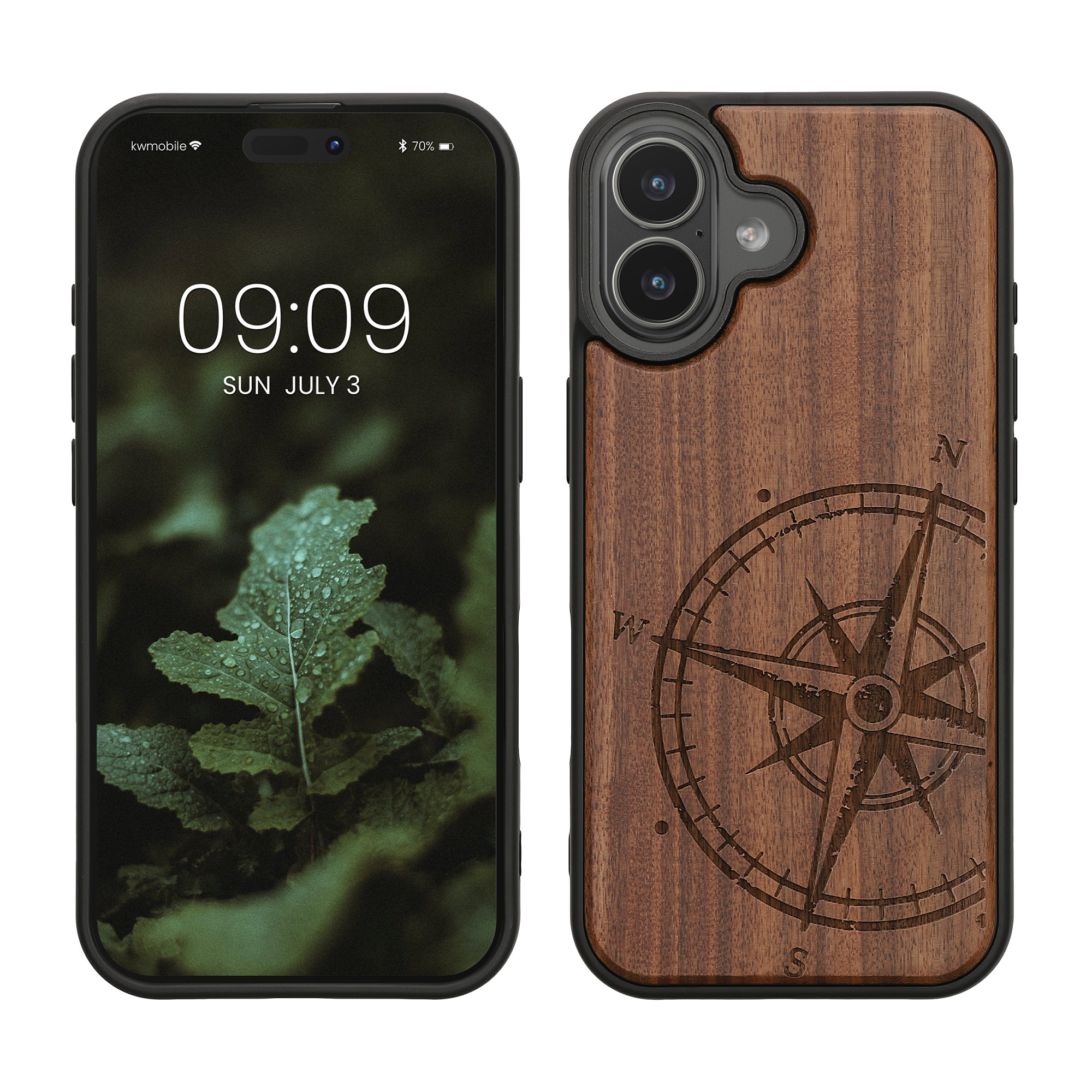 Dřevěný kryt Kwmobile pro iPhone 17 - navigational compass dark brown