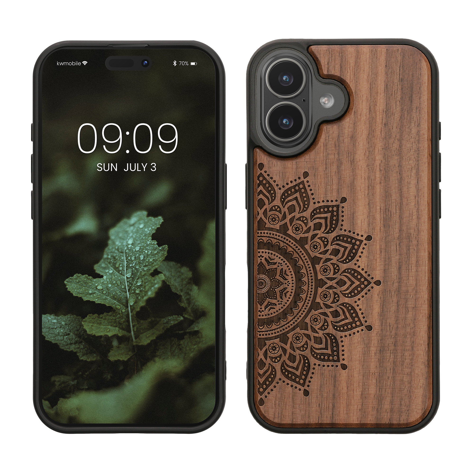 Dřevěné pouzdro pro iPhone 17 kwmobile - motiv vycházející slunce tmavě hnědá