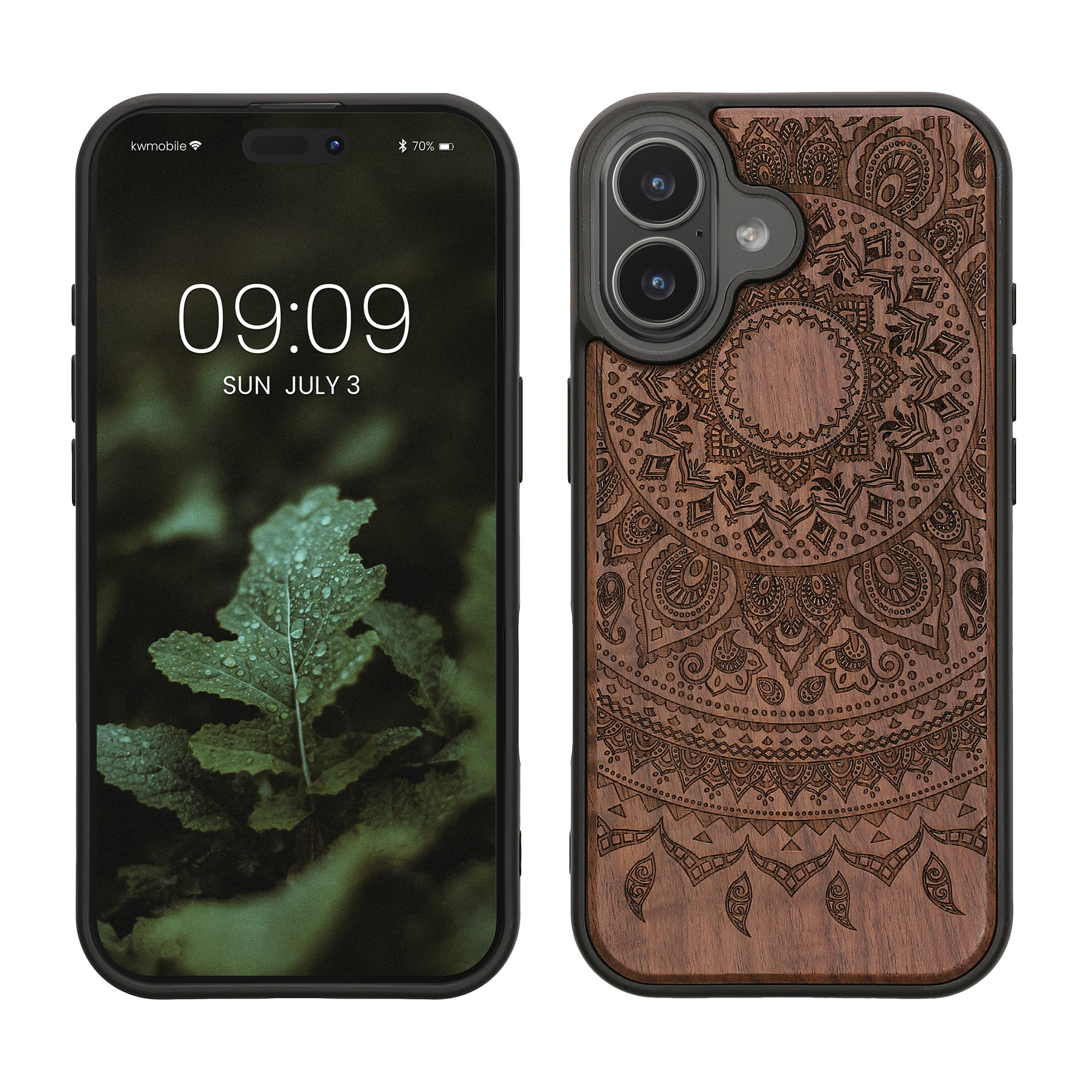 Dřevěné pouzdro pro iPhone 17 kwmobile - motiv indické slunce tmavě hnědá