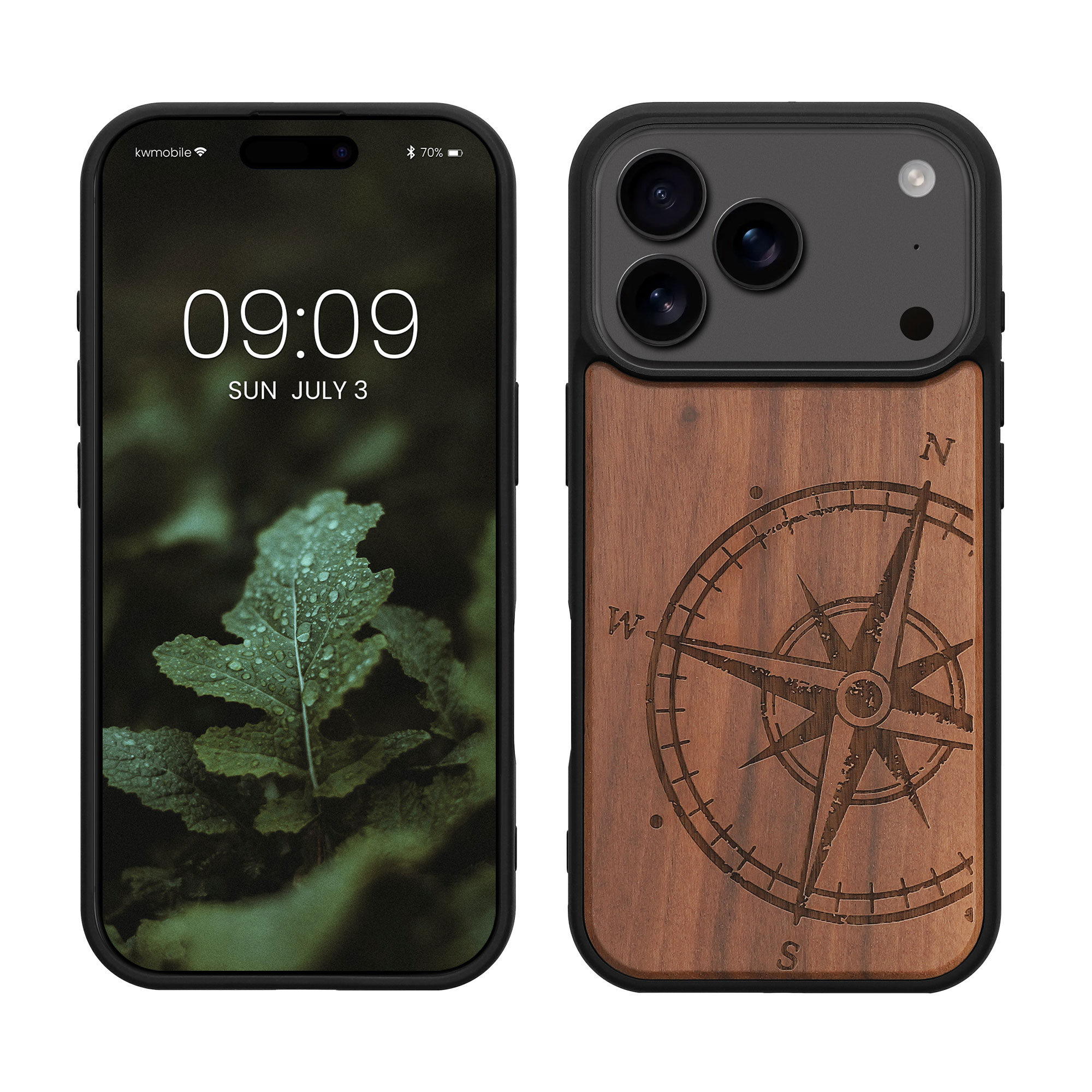 Dřevěný kryt Kwmobile pro iPhone 17 Pro - navigational compass dark brown