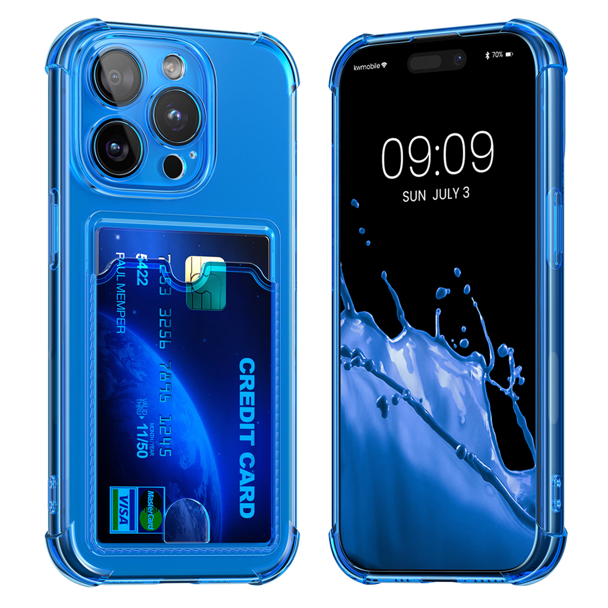 TPU pouzdro s kapsou na kartu pro Apple iPhone 15 Pro kwmobile kapsa na kartu - baltská modrá / transparentní