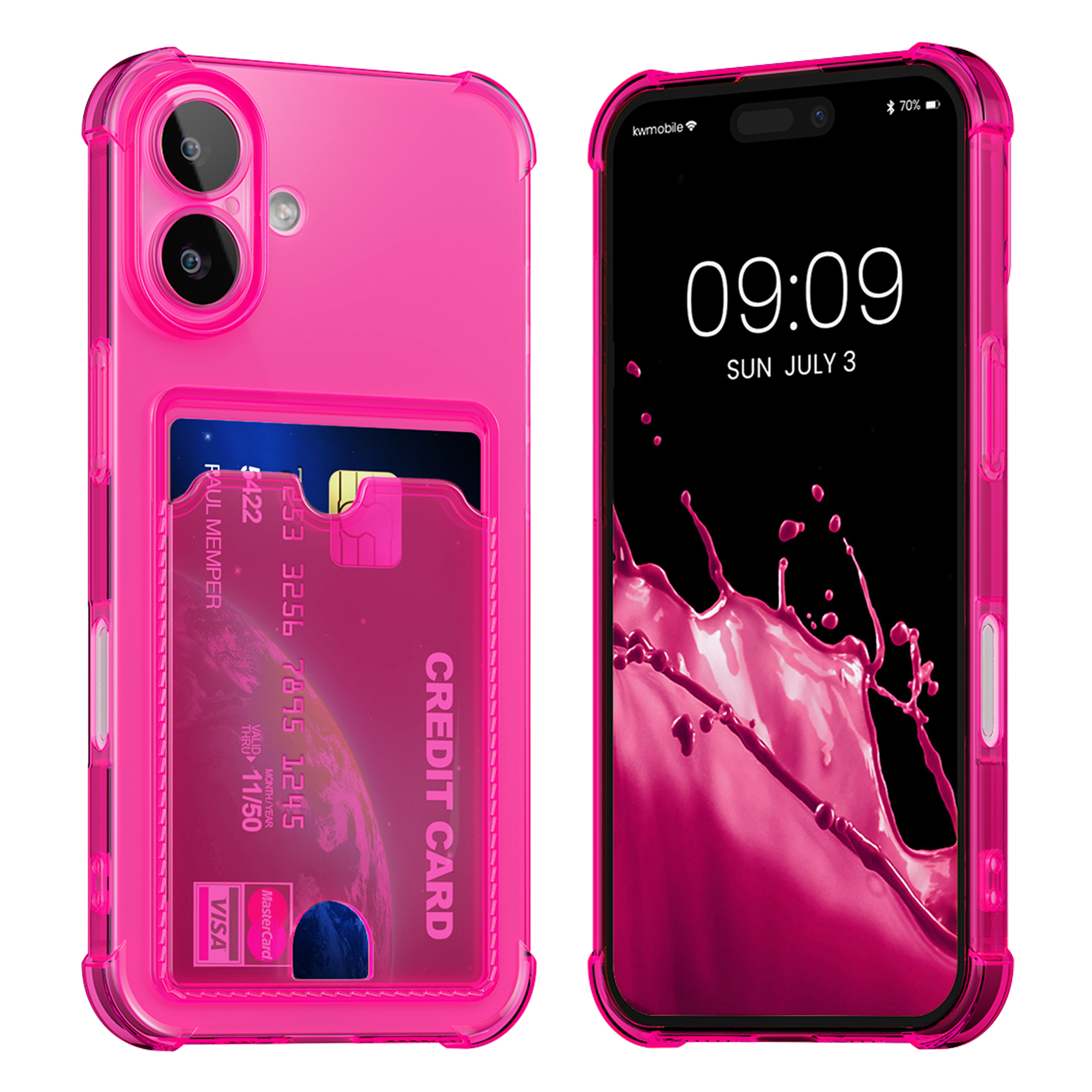 Kryt s přihrádkou na kartu kwmobile pro iPhone 16 - neonově růžová / transparentní