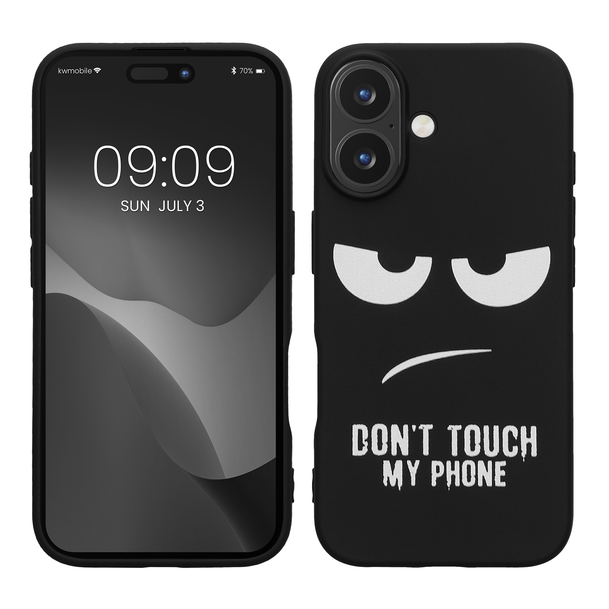 Silikonový kryt kwmobile pro iPhone 16 - motiv Don't Touch My Phone, bílá / černá