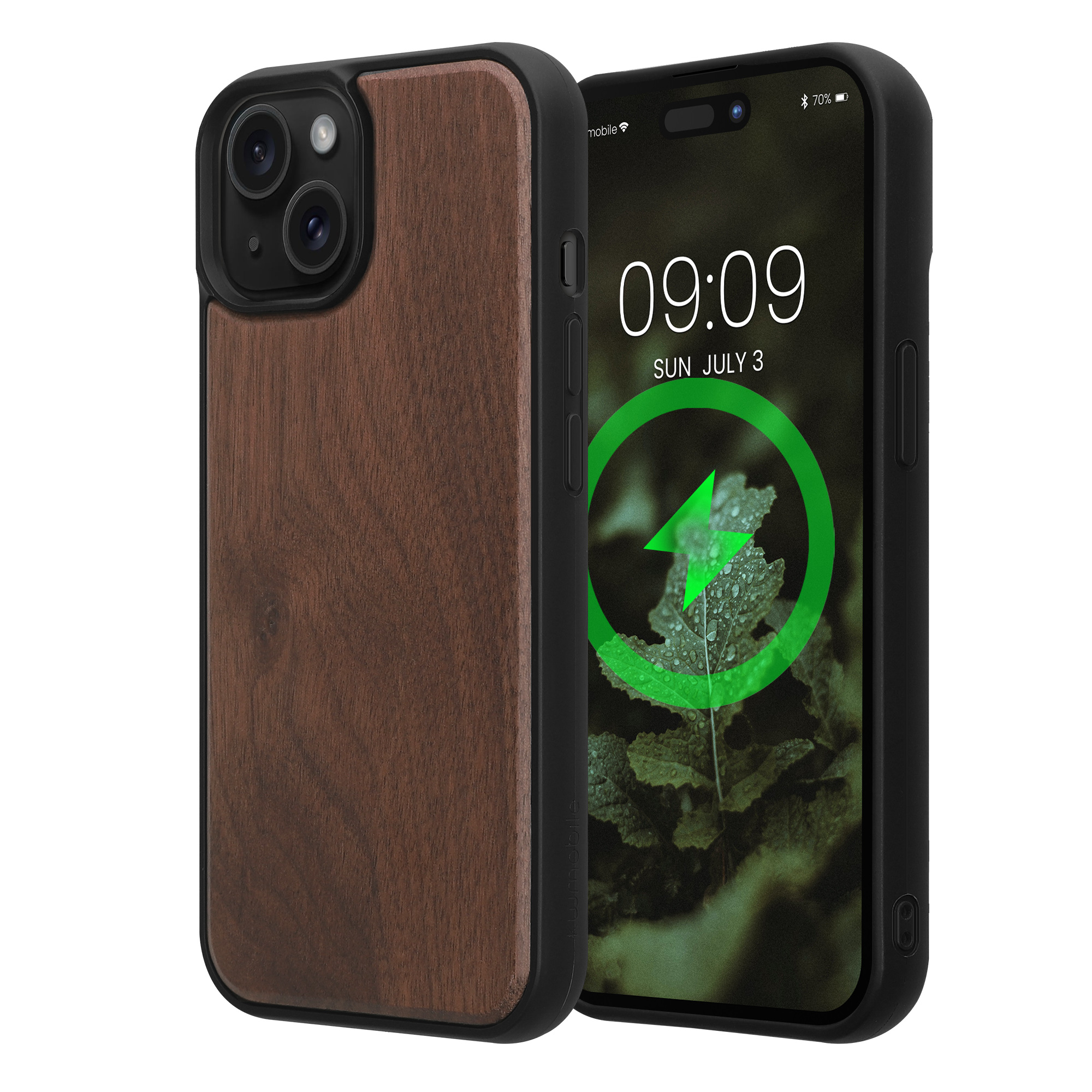 Ochranné pouzdro z pravého dřeva pro Apple iPhone 15 kwmobile dřevěné - tmavě hnědý ořech