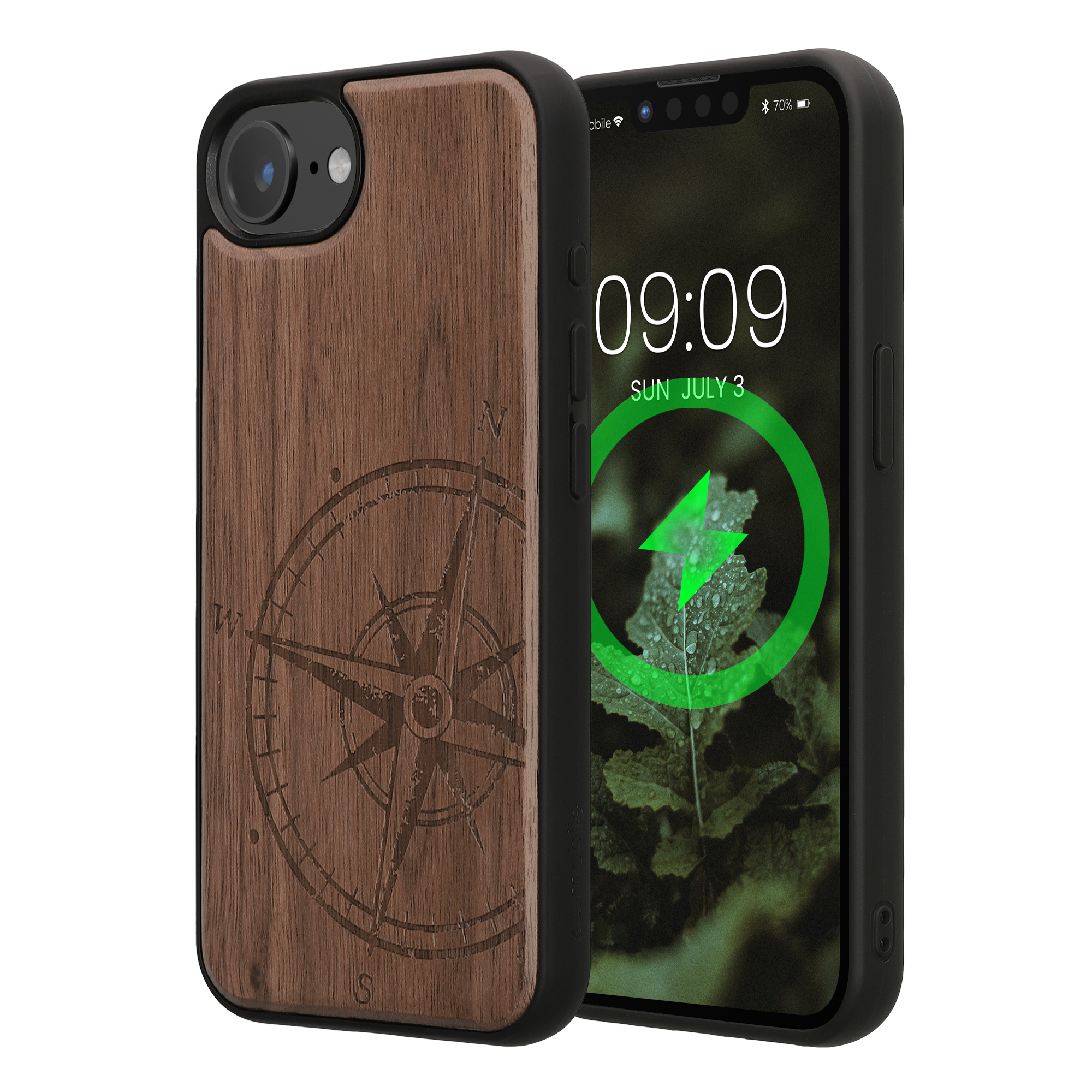 Ochranné pouzdro z pravého dřeva pro Apple iPhone 16e kwmobile dřevěné - motiv dřevěný kompas